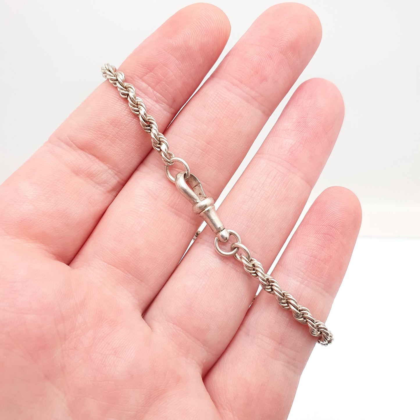 Antique Solid Silver Albertina Bracelet Victorian Rope Link Twist Helix Dog Clip Chain 5.02g 19.5cm Vintage Gift Womens Jewelry Jewellery