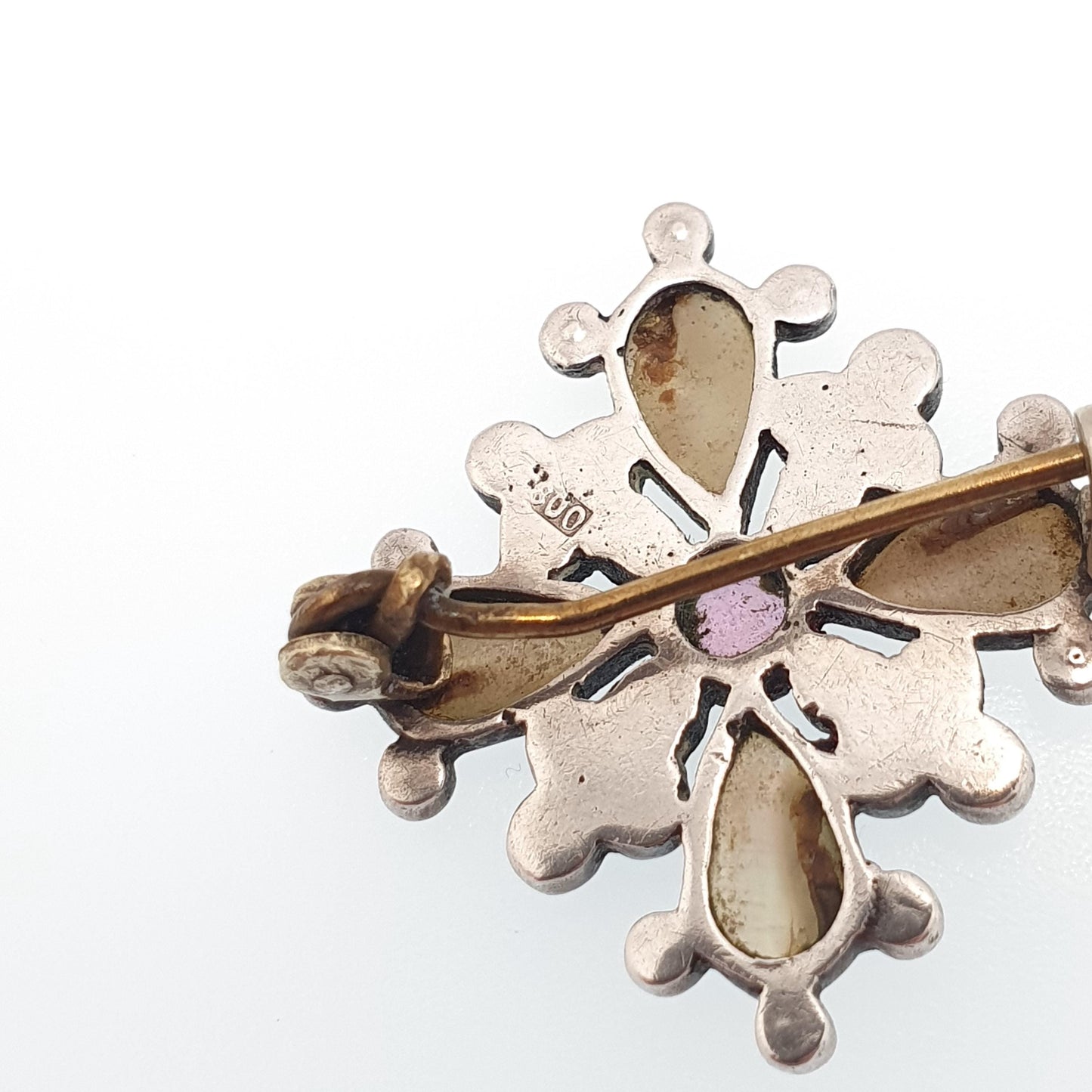 Antique Victorian Solid Silver Paste Brooch Pink Diamond Emerald Pastes Cruciform Mother of Pearl Cross Vintage Womens Jewelry Jewellery