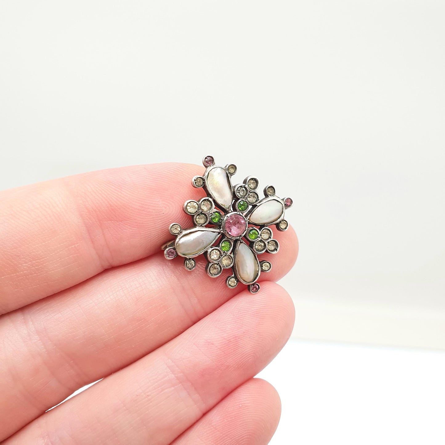 Antique Victorian Solid Silver Paste Brooch Pink Diamond Emerald Pastes Cruciform Mother of Pearl Cross Vintage Womens Jewelry Jewellery
