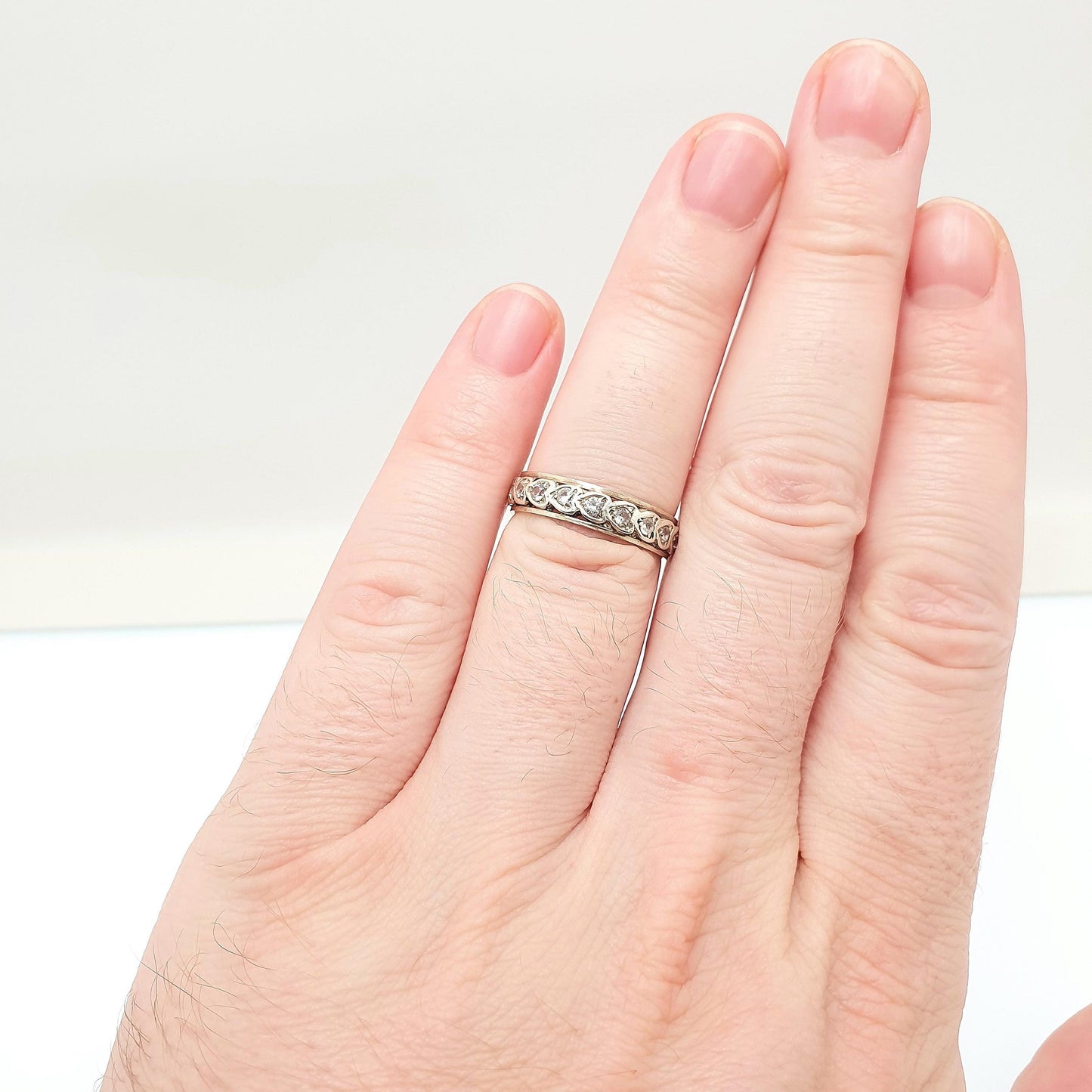 Antique Solid 9ct Gold Full Eternity Ring Heart Border White Spinel 9k 375 Band Sparkly Diamond Style Stacker Stacking Jewelry Jewellery