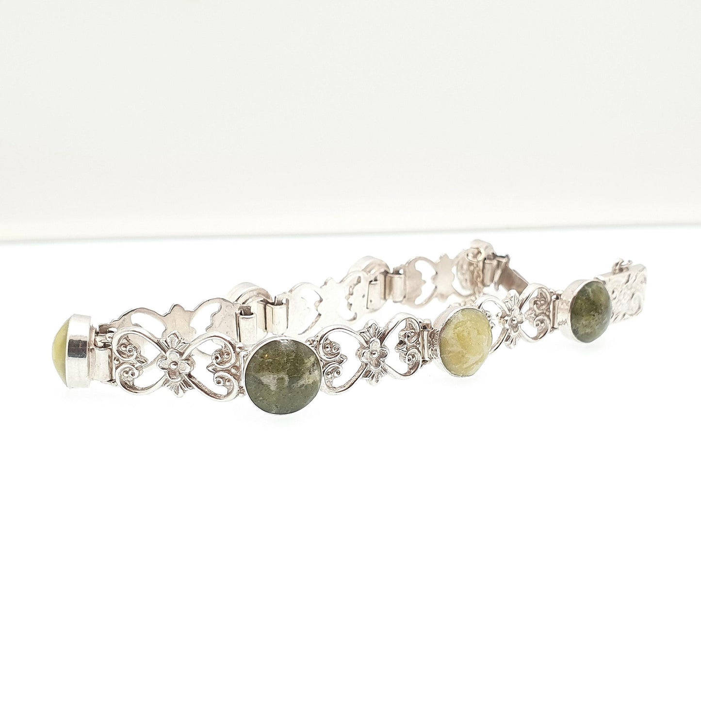 Antique Sterling Silver Connemara Marble Bracelet Celtic Irish Gaelic Flower Art Nouveau Style Solid 925 Womens Jewelry Jewellery