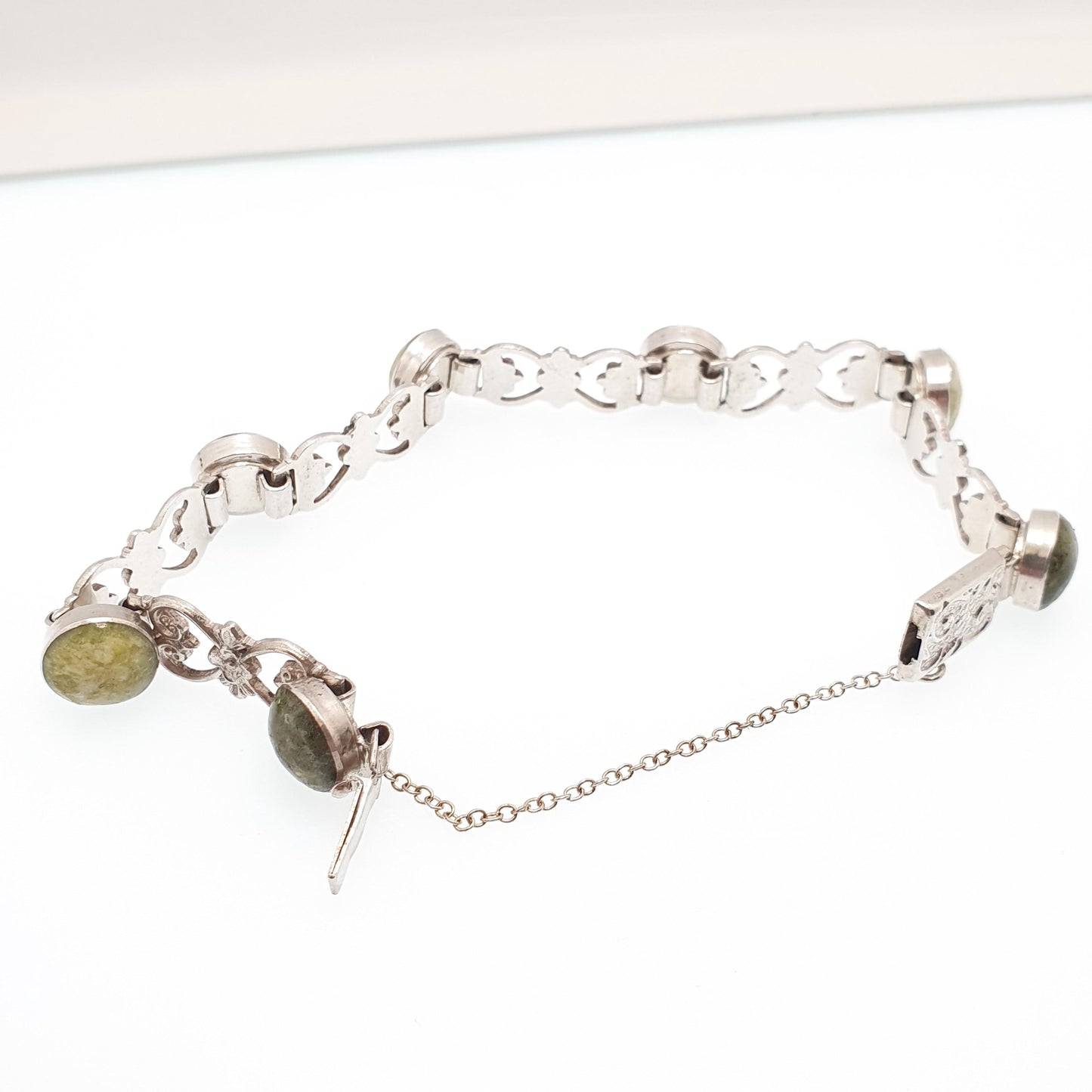 Antique Sterling Silver Connemara Marble Bracelet Celtic Irish Gaelic Flower Art Nouveau Style Solid 925 Womens Jewelry Jewellery