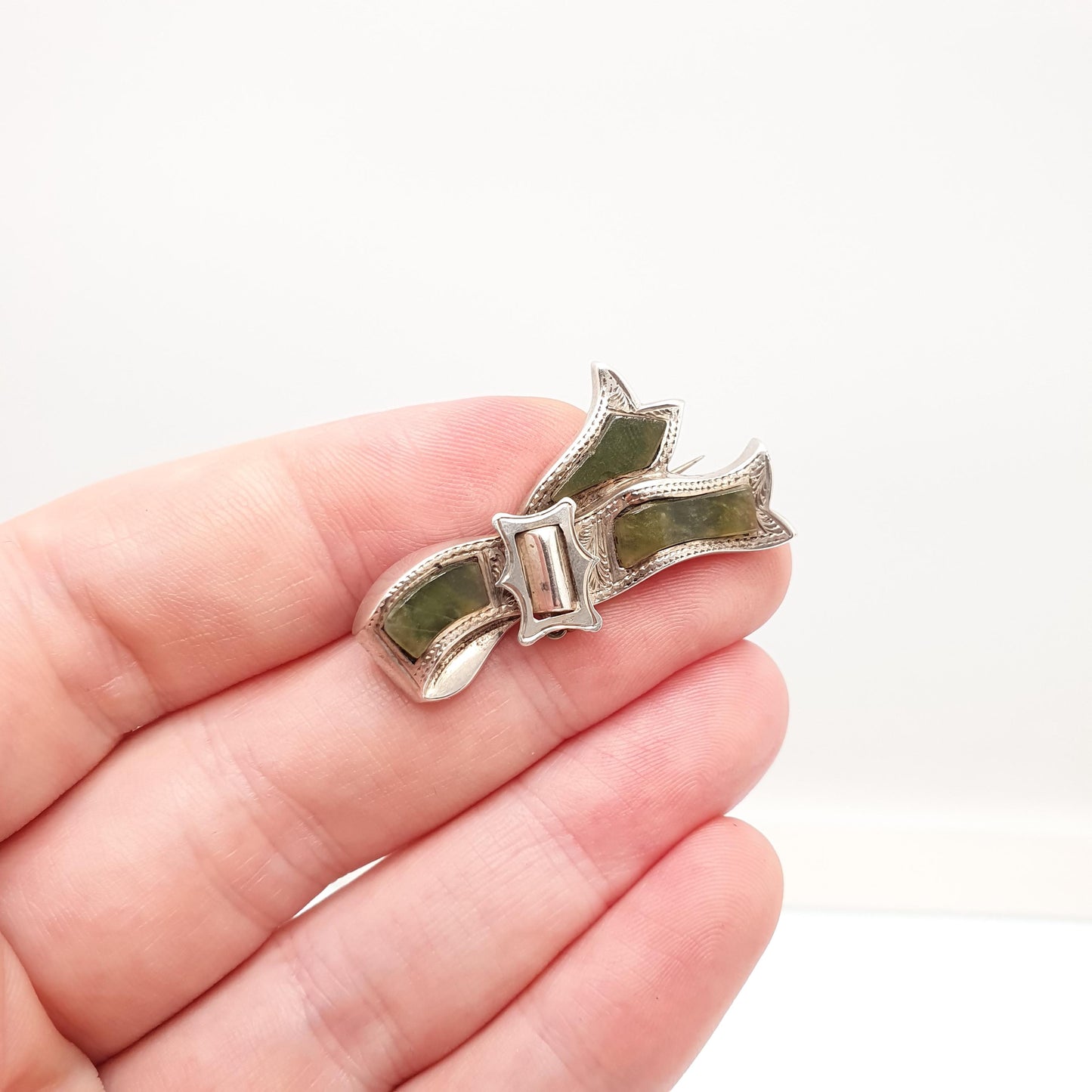 Antique Victorian Irish Connemara Marble Sterling Silver Buckle Brooch Pin Green Marble Ireland Celtic Gaelic Jewelry Jewellery Vintage