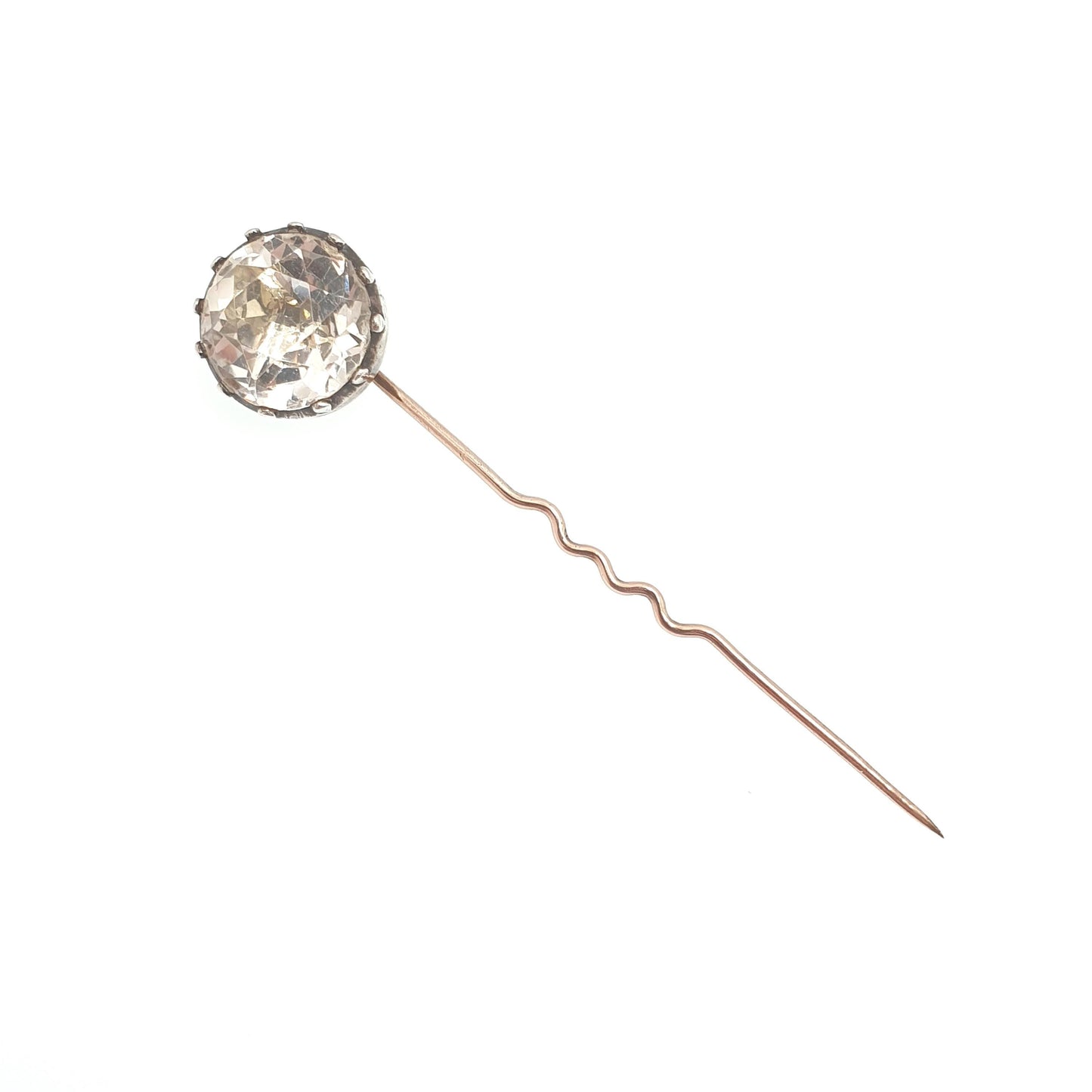 Antique Victorian 9ct Gold White Spinel Stick Pin Georgian Revival Crimped Solid Silver Head Large Big Gemstone Genuine Real Mens Jewelry
