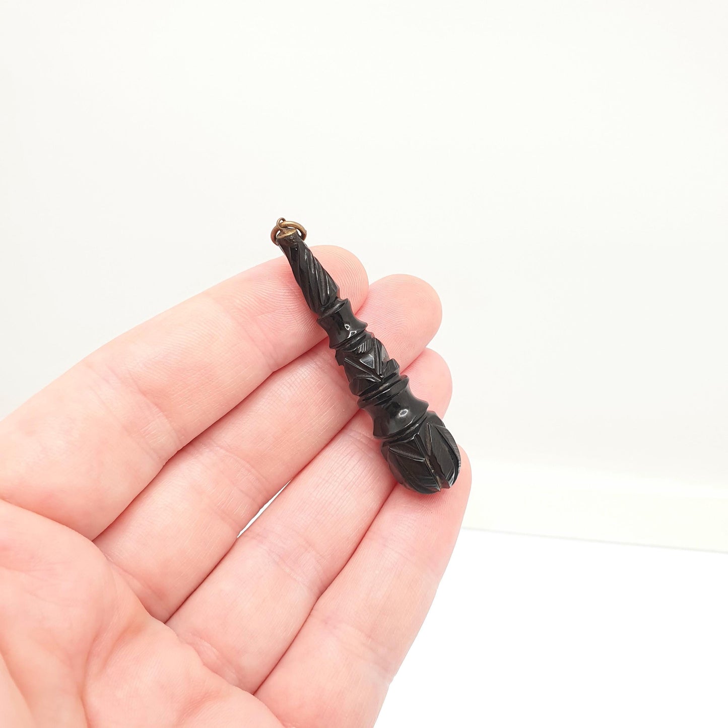 Antique Victorian Whitby Jet Pendant Necklace Hand Carved Teardrop Drop Dangle Genuine Long Big Mourning 1800s Vintage Jewelry Jewellery