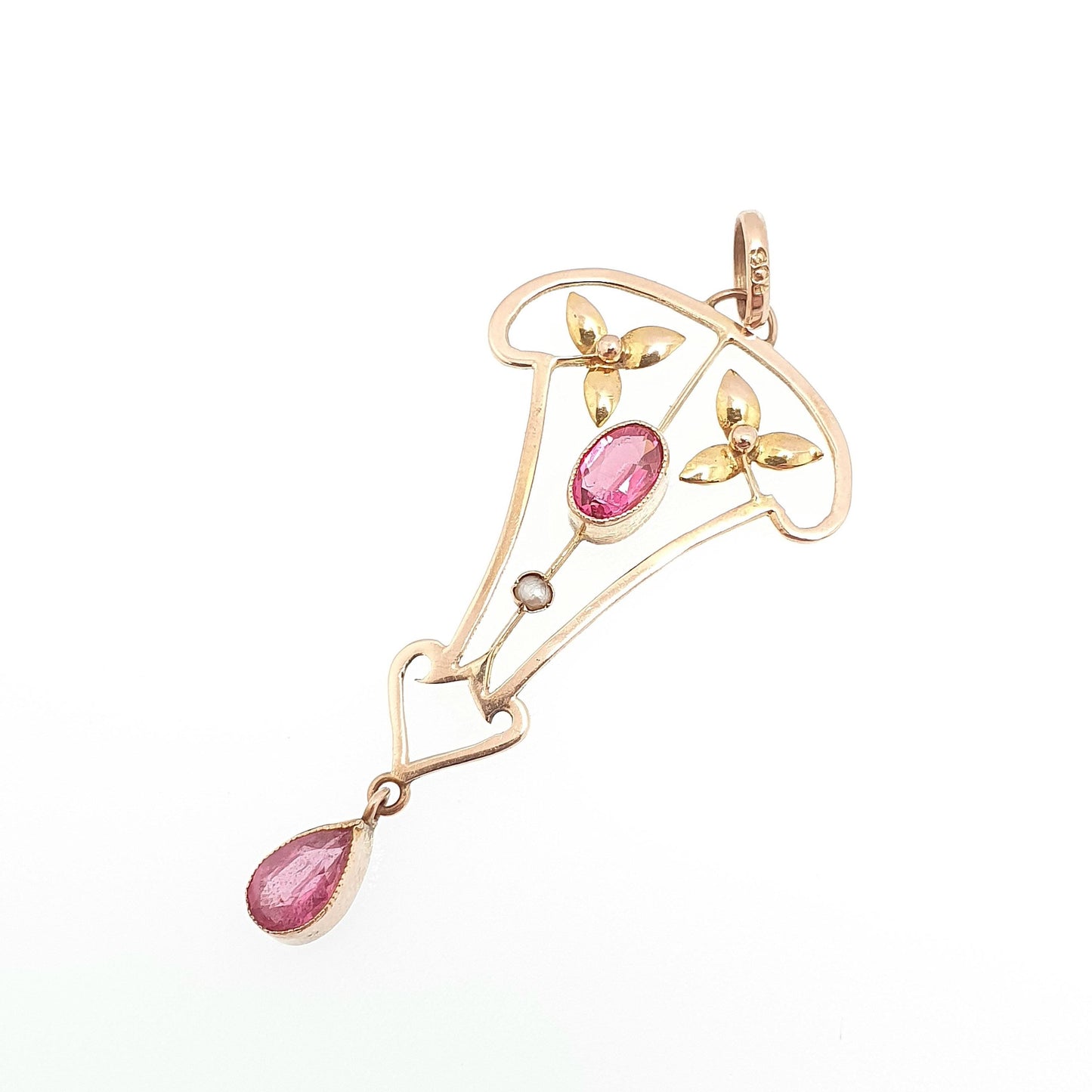 Antique 9ct Gold Pink Tourmaline Necklace Pendant Solid 9kt 9k Openwork Art Nouveau Edwardian Lavaliere Vintage Womens Jewelry Jewellery