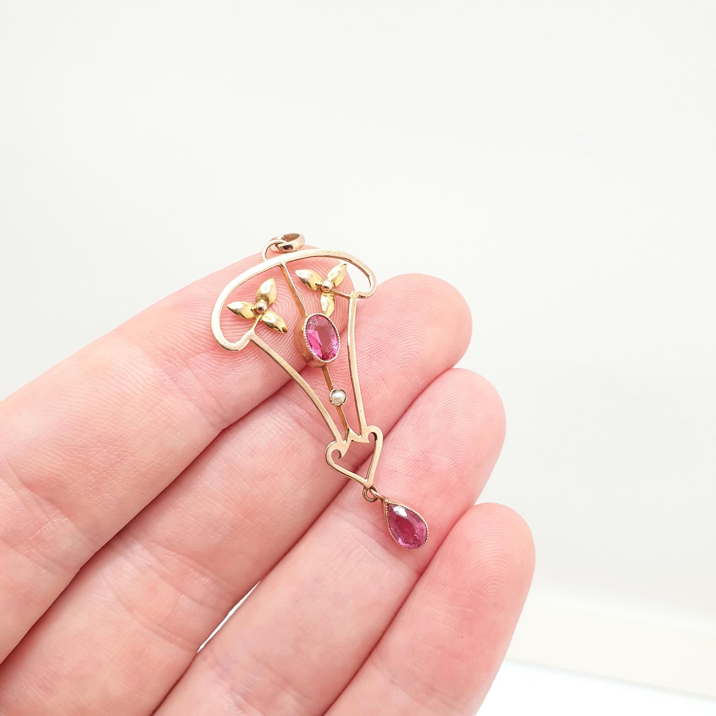 Antique 9ct Gold Pink Tourmaline Necklace Pendant Solid 9kt 9k Openwork Art Nouveau Edwardian Lavaliere Vintage Womens Jewelry Jewellery