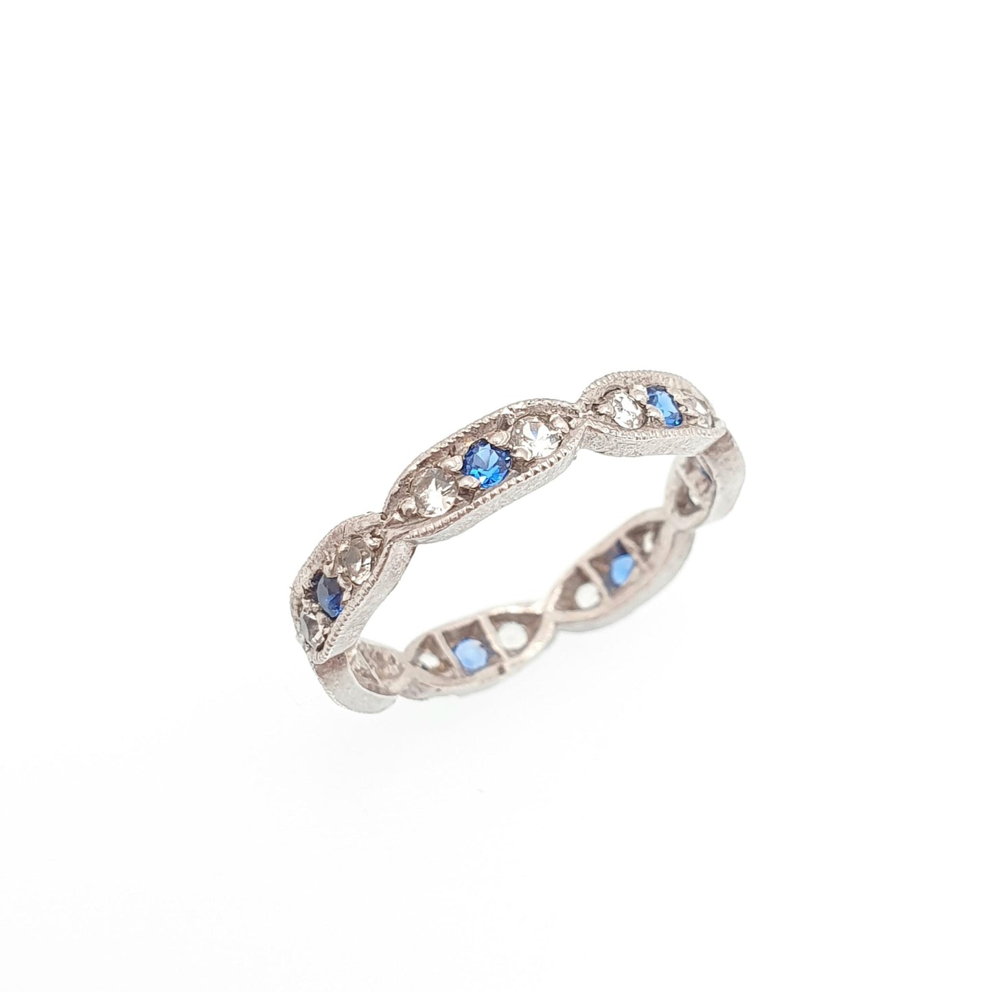 Antique Solid Silver Eternity Ring Blue & White Spinel 1920s Genuine Gemstone Band Stacker Fine Rare Full Estate Womens Jewelry Jewellery