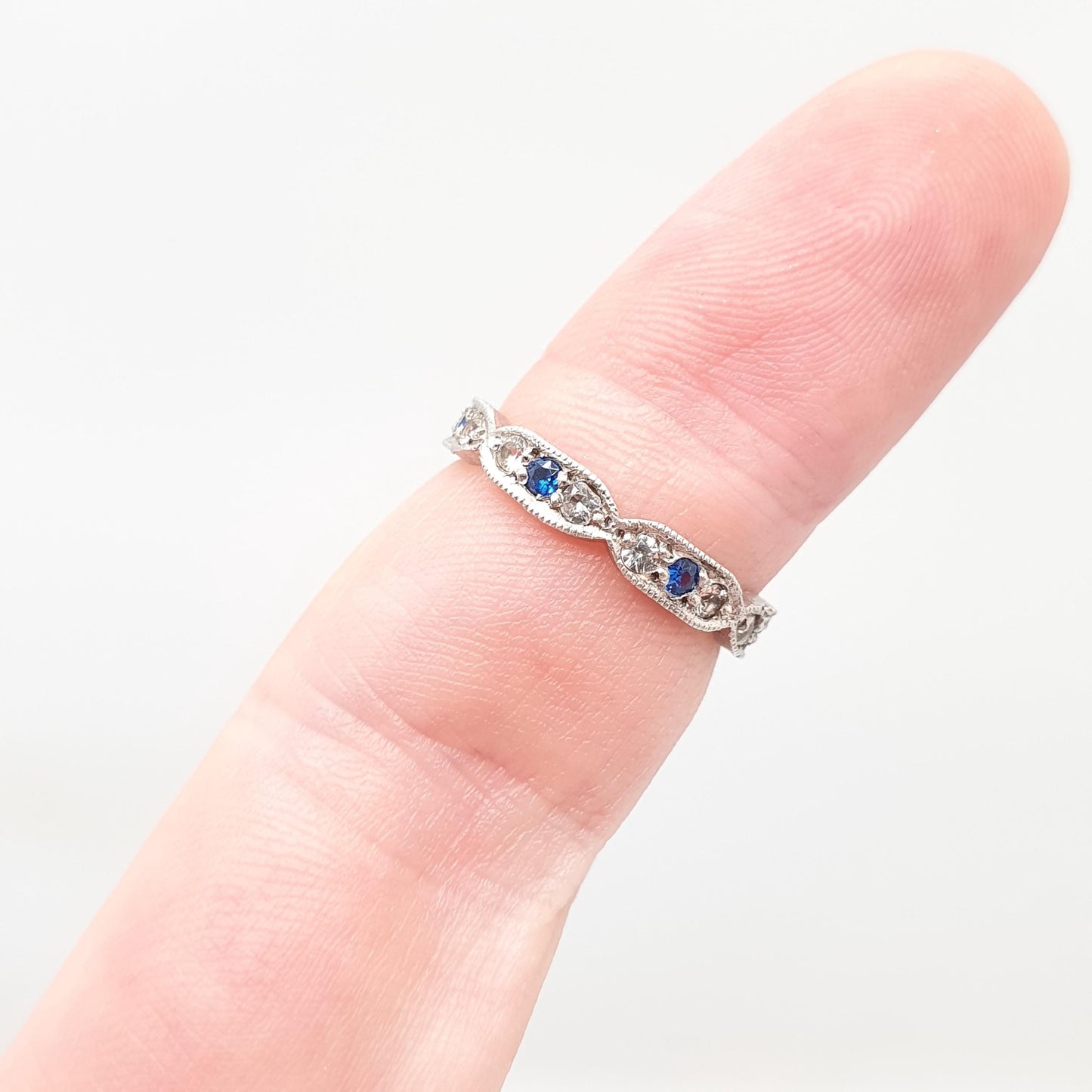Antique Solid Silver Eternity Ring Blue & White Spinel 1920s Genuine Gemstone Band Stacker Fine Rare Full Estate Womens Jewelry Jewellery