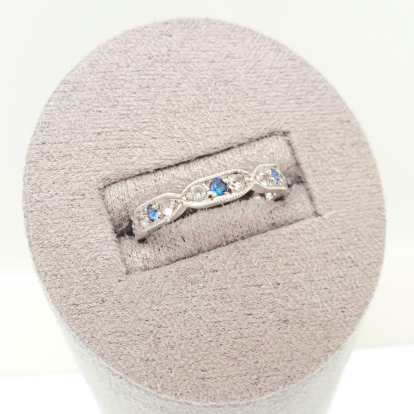 Antique Solid Silver Eternity Ring Blue & White Spinel 1920s Genuine Gemstone Band Stacker Fine Rare Full Estate Womens Jewelry Jewellery
