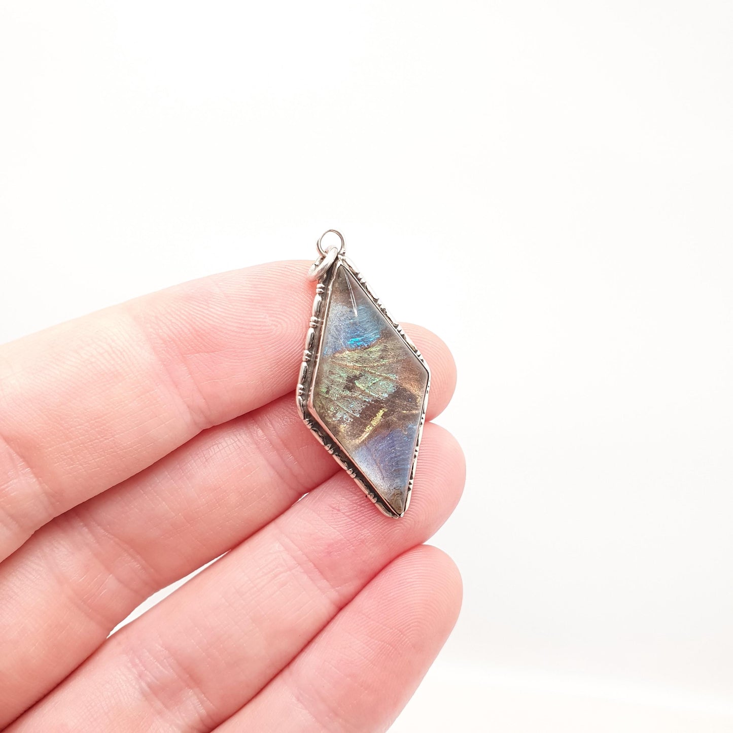 Antique Art Deco Sterling Silver Butterfly Wing Necklace Pendant Kite Shape Vintage 1920s Blue Bug Fly Insect Rare Jewelry Jewellery