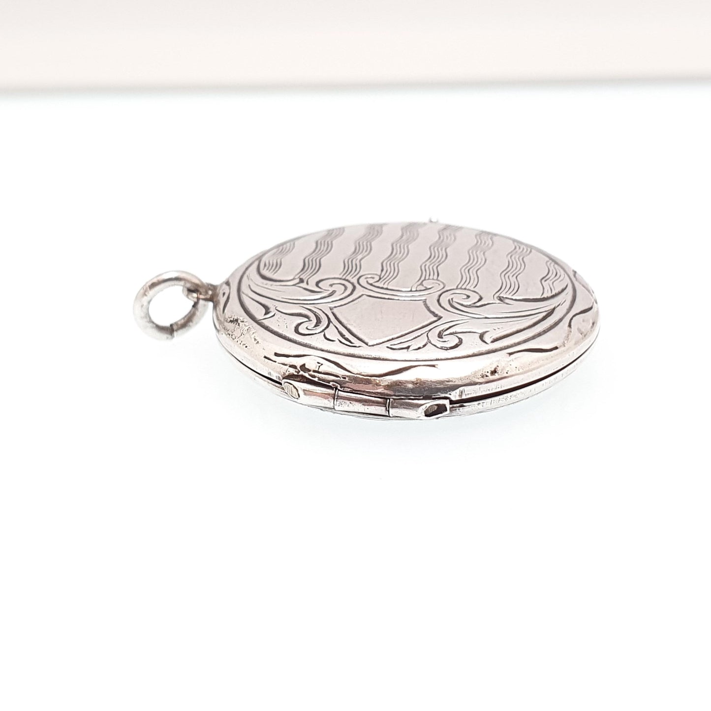 Antique Sterling Silver Round Locket Pendant Necklace 1910s Circle Engraved Solid 925 Vintage Picture Photo Womens Jewelry Jewellery