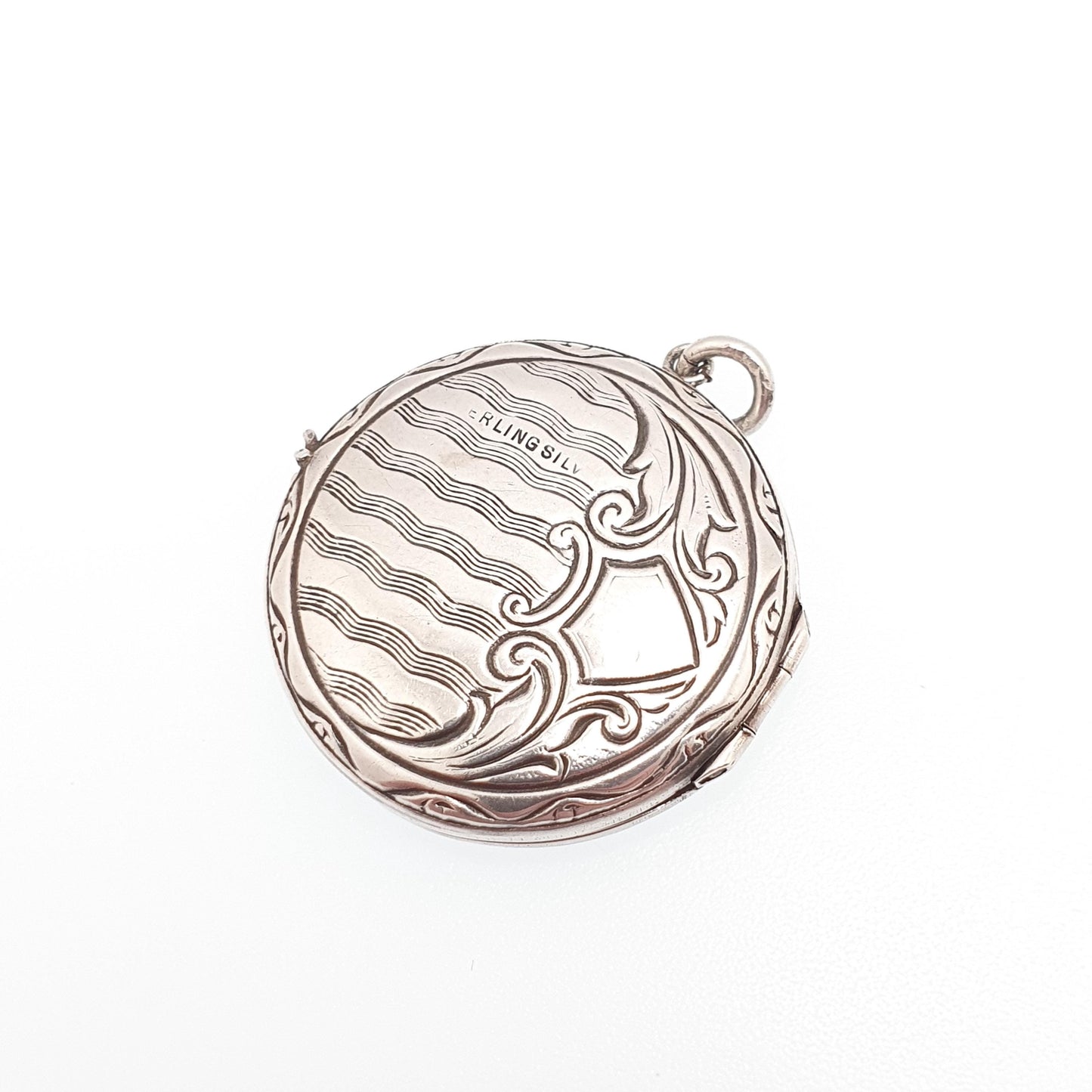 Antique Sterling Silver Round Locket Pendant Necklace 1910s Circle Engraved Solid 925 Vintage Picture Photo Womens Jewelry Jewellery