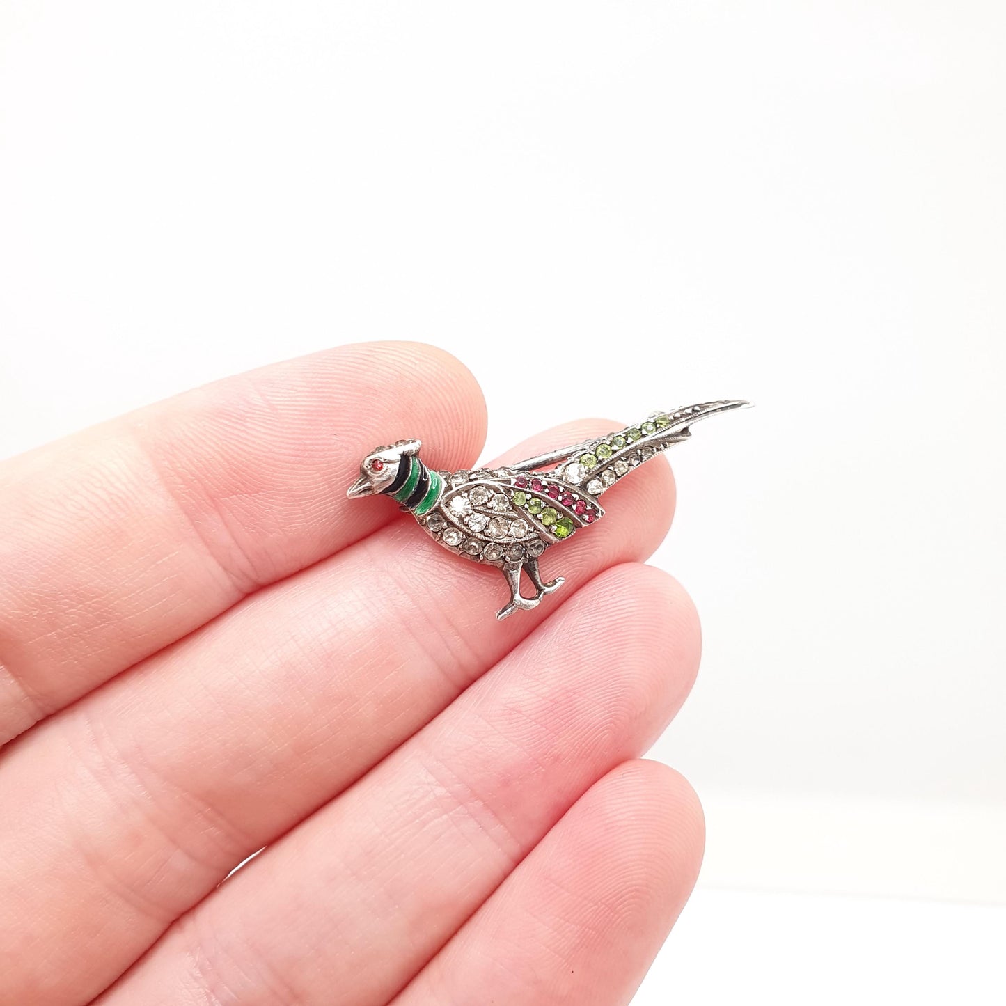 Antique Sterling Silver Pheasant Brooch Paste Enamel Head Art Deco Bird Peacock Partridge Style Hunting Vintage Womens Jewelry