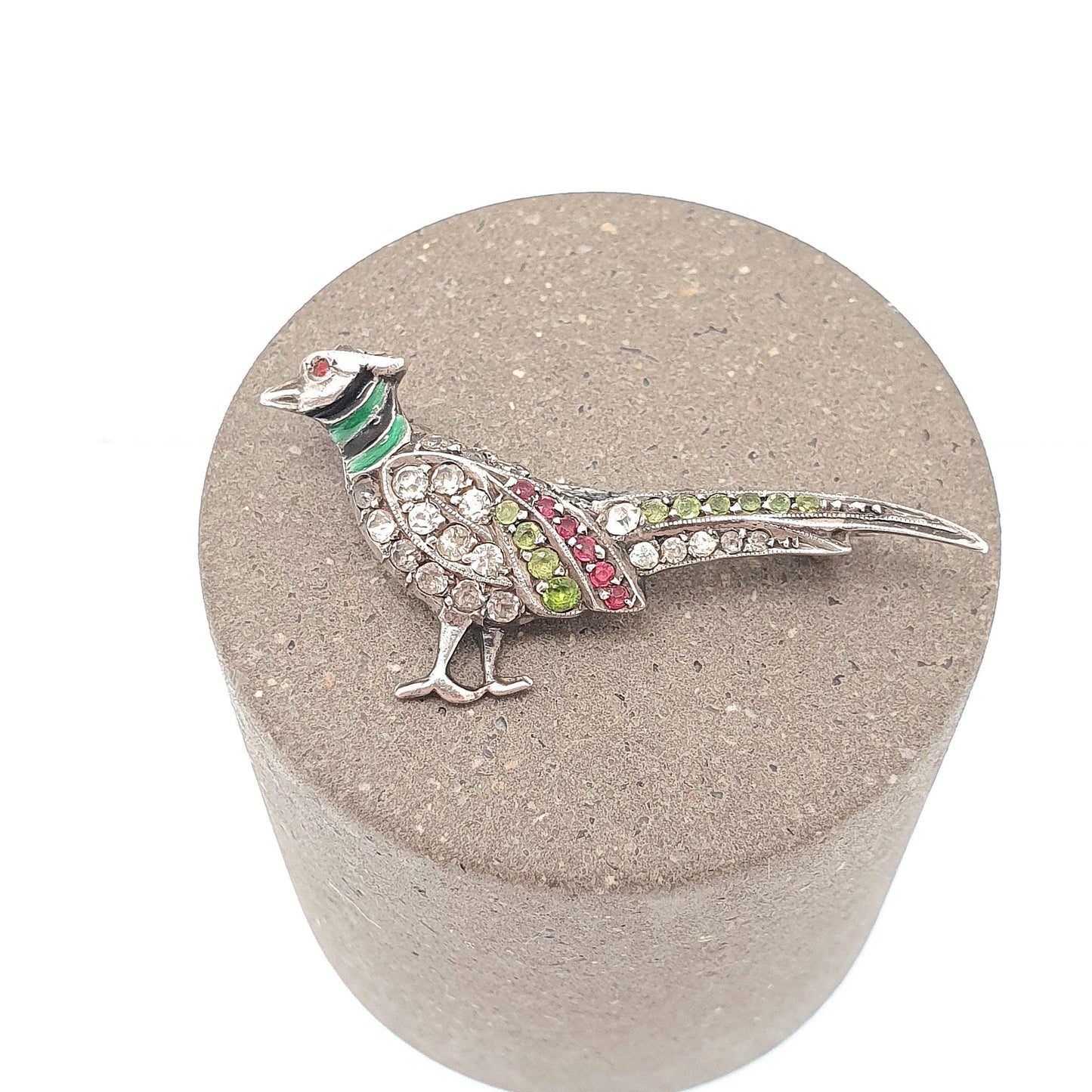 Antique Sterling Silver Pheasant Brooch Paste Enamel Head Art Deco Bird Peacock Partridge Style Hunting Vintage Womens Jewelry