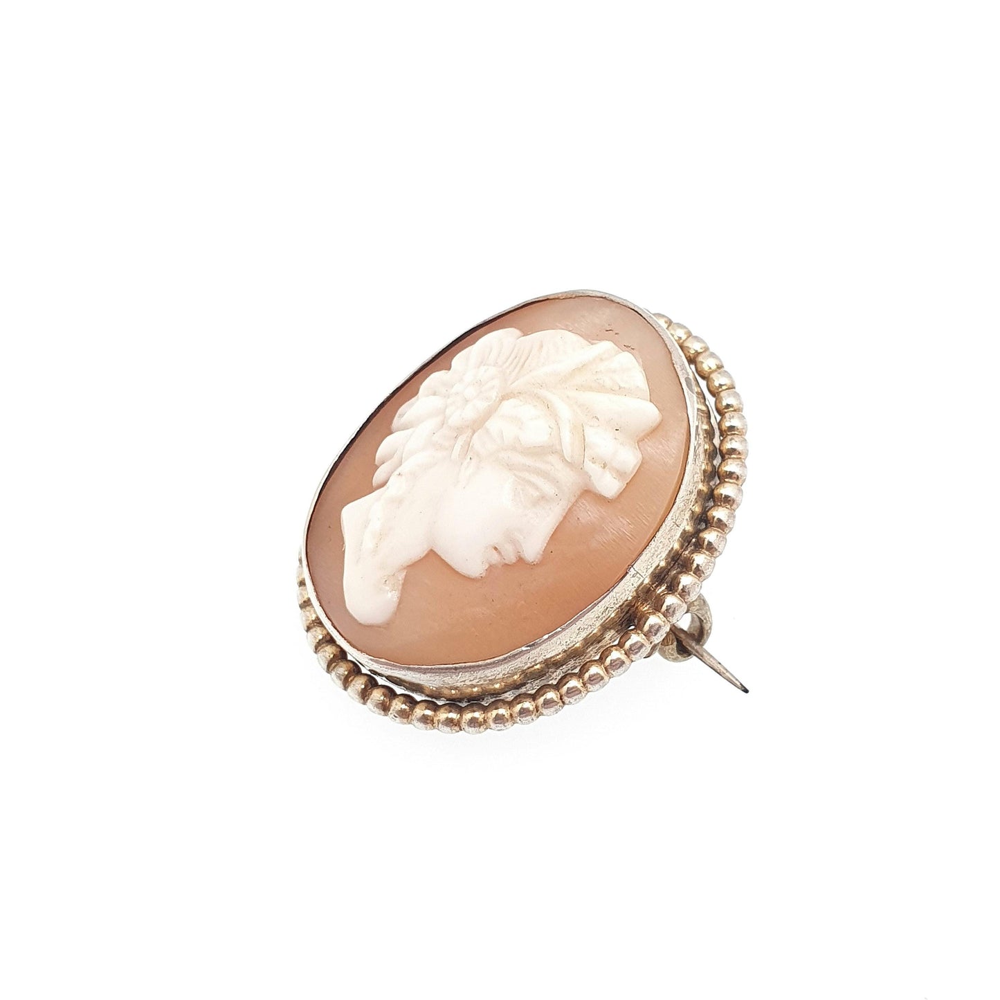 Antique Solid Silver Victorian Cameo Brooch Gold Vermeil Rope Border Oval Hand Carved Shell Italian European Vintage Jewelry Jewellery