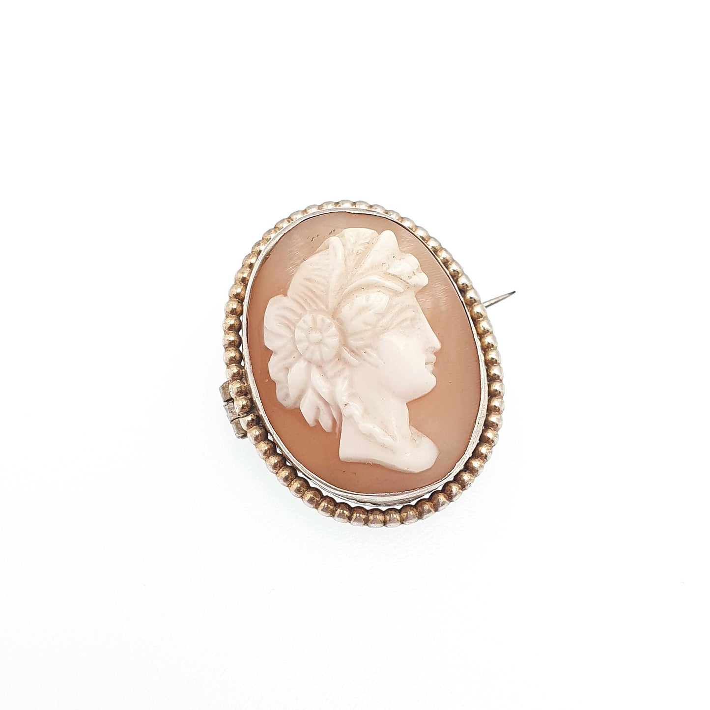 Antique Solid Silver Victorian Cameo Brooch Gold Vermeil Rope Border Oval Hand Carved Shell Italian European Vintage Jewelry Jewellery