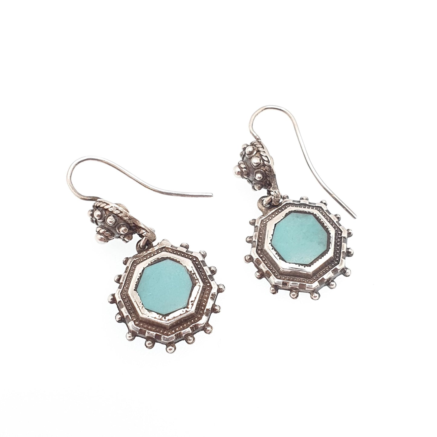 Antique Victorian Solid Silver Turquoise Glass Earrings Dangle Large Hook Pendulum Etruscan Genuine Vintage Womens Jewelry Jewellery