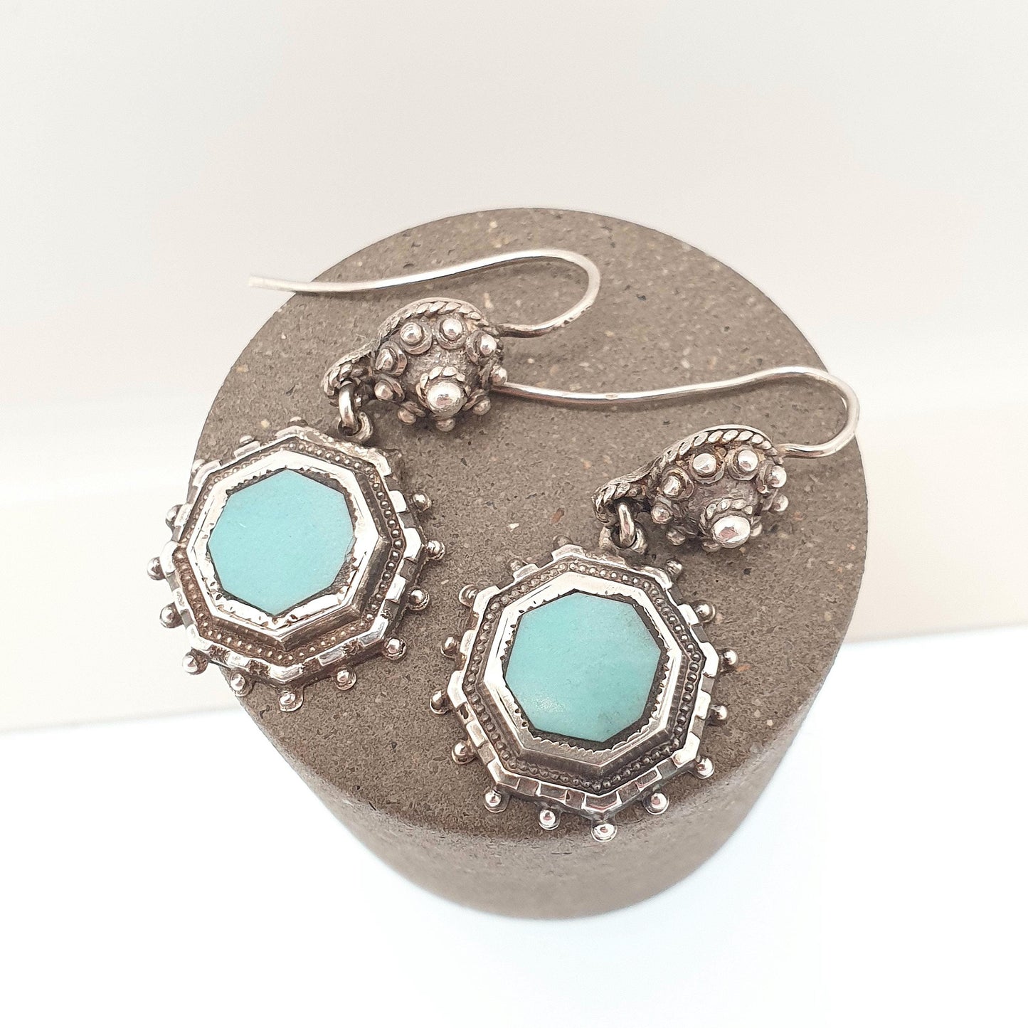 Antique Victorian Solid Silver Turquoise Glass Earrings Dangle Large Hook Pendulum Etruscan Genuine Vintage Womens Jewelry Jewellery