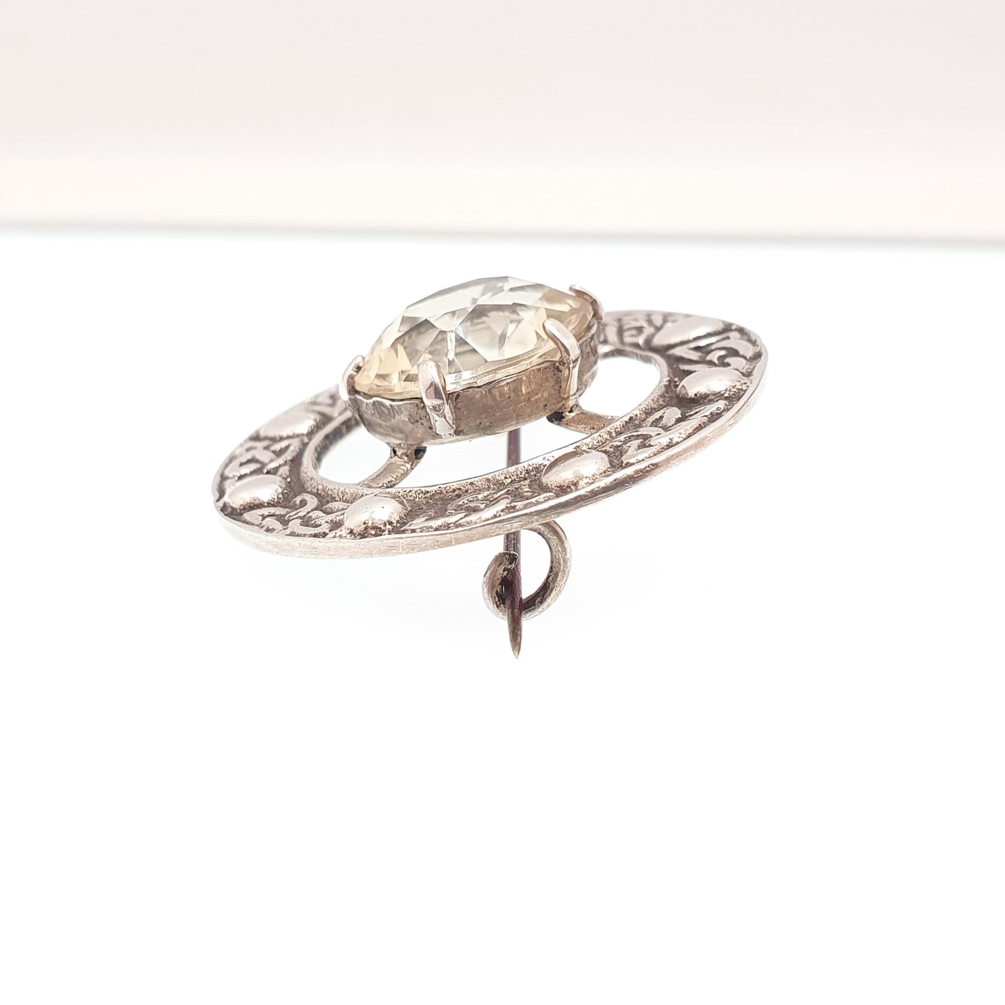 Old Vintage Sterling Silver Citrine Brooch Pin ROBERT ALLISON 1951 Scottish Celtic Large Gemstone Engraved Solid 925 Jewelry Jewellery