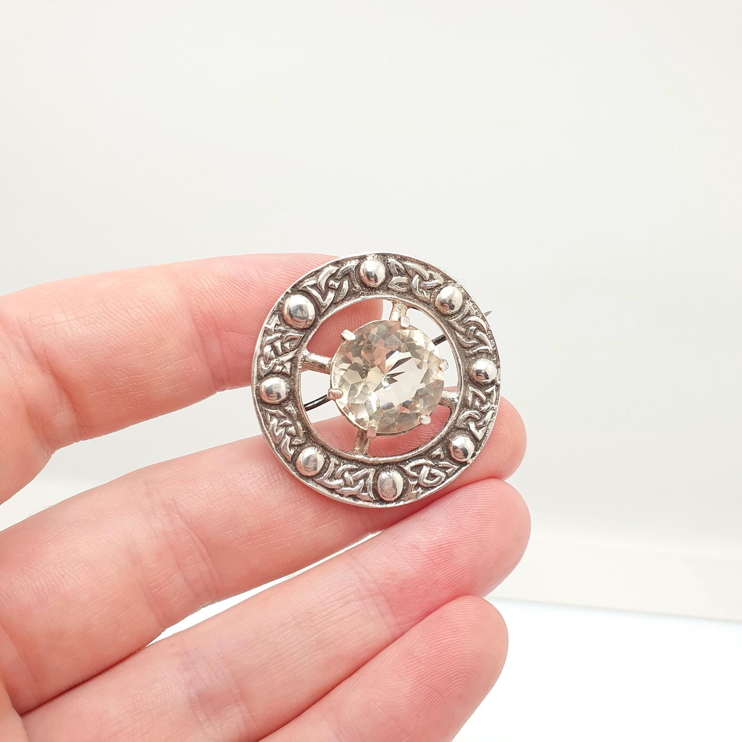 Old Vintage Sterling Silver Citrine Brooch Pin ROBERT ALLISON 1951 Scottish Celtic Large Gemstone Engraved Solid 925 Jewelry Jewellery