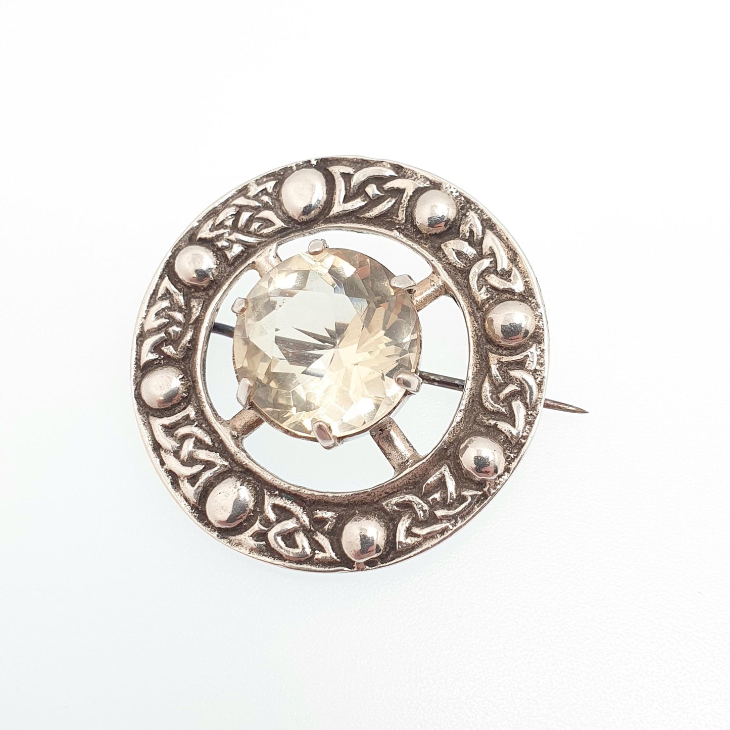 Old Vintage Sterling Silver Citrine Brooch Pin ROBERT ALLISON 1951 Scottish Celtic Large Gemstone Engraved Solid 925 Jewelry Jewellery