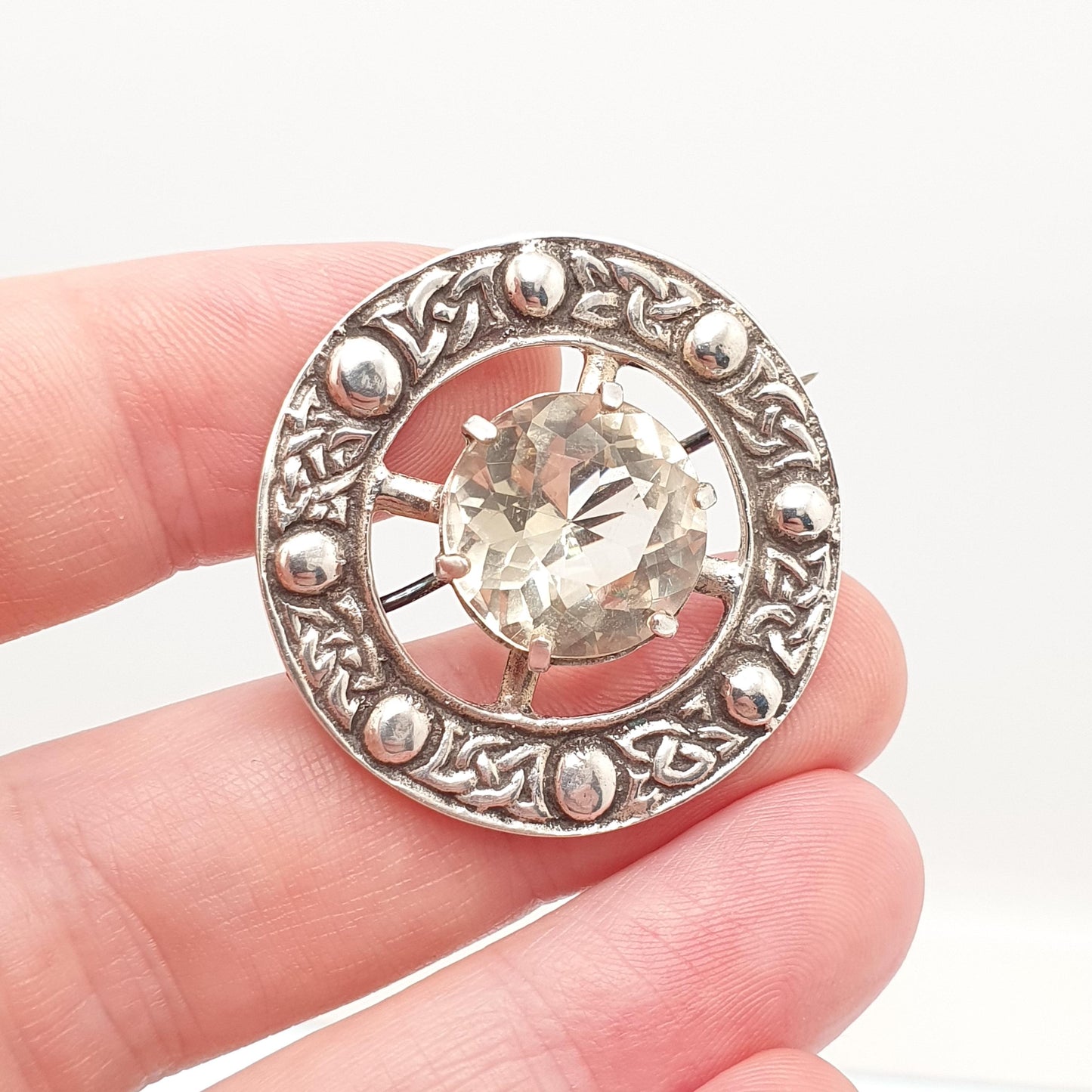 Old Vintage Sterling Silver Citrine Brooch Pin ROBERT ALLISON 1951 Scottish Celtic Large Gemstone Engraved Solid 925 Jewelry Jewellery