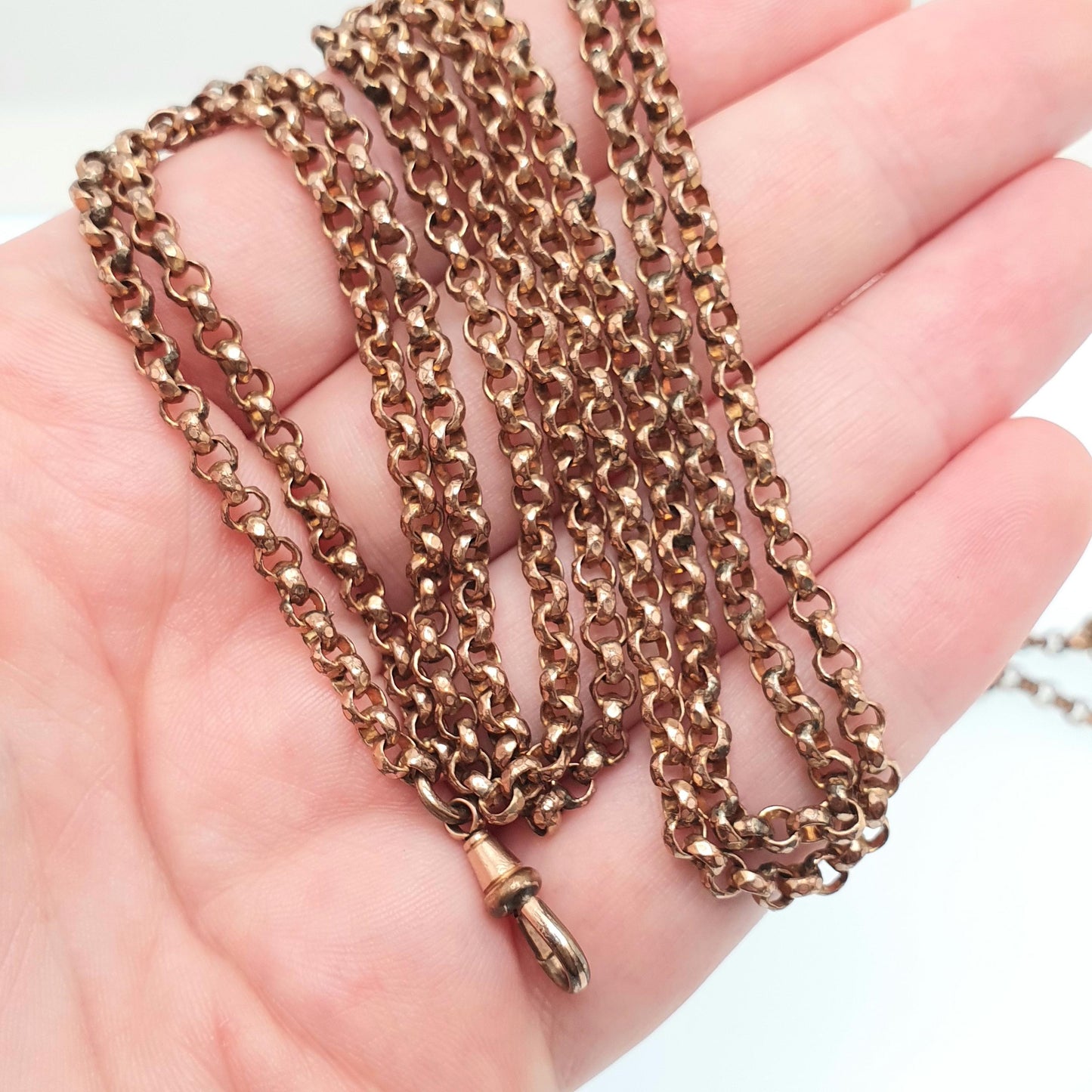 Antique Victorian Rose Rolled Gold Muff Chain Necklace Dog Clip Belcher Link Rolo 136cm 39.00g Long 1800s Guard Vintage Jewelry Jewellery