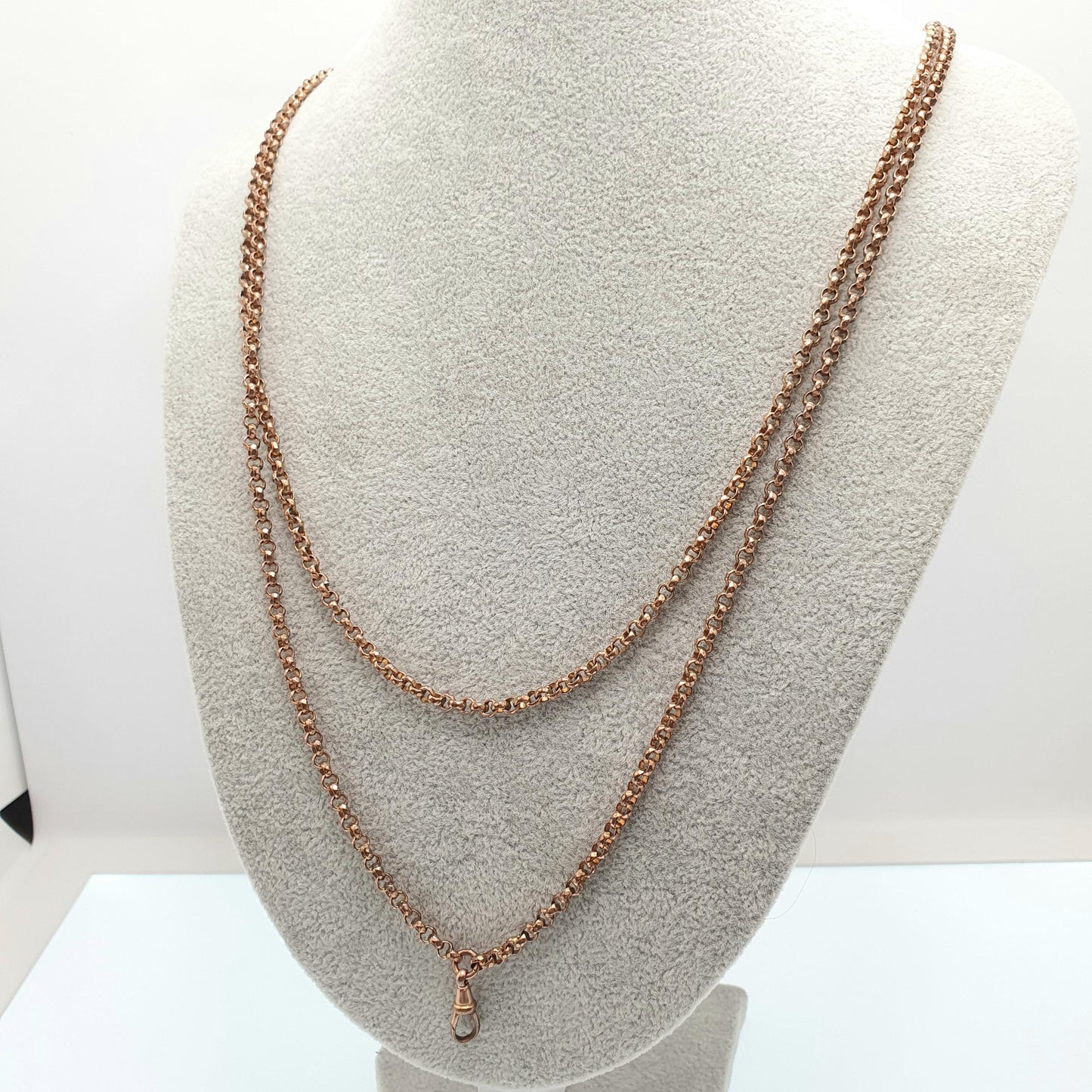 Antique Victorian Rose Rolled Gold Muff Chain Necklace Dog Clip Belcher Link Rolo 136cm 39.00g Long 1800s Guard Vintage Jewelry Jewellery