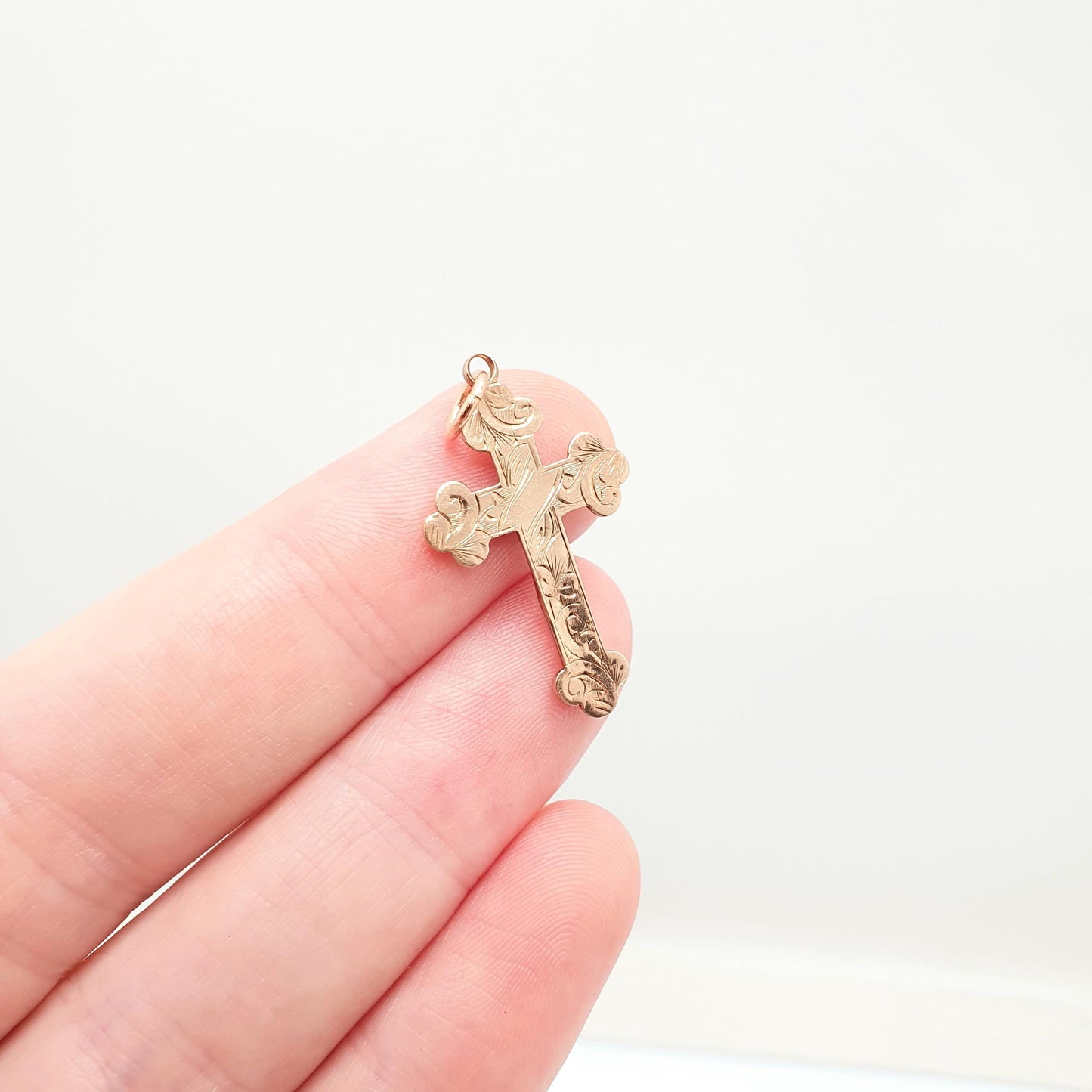 Antique 9ct 9k Rose Gold Crucifix Necklace Cross Pendant Hallmark Engraved Bulbed Victorian Solid 9kt Vintage Womens Mens Jewellery Jewelry