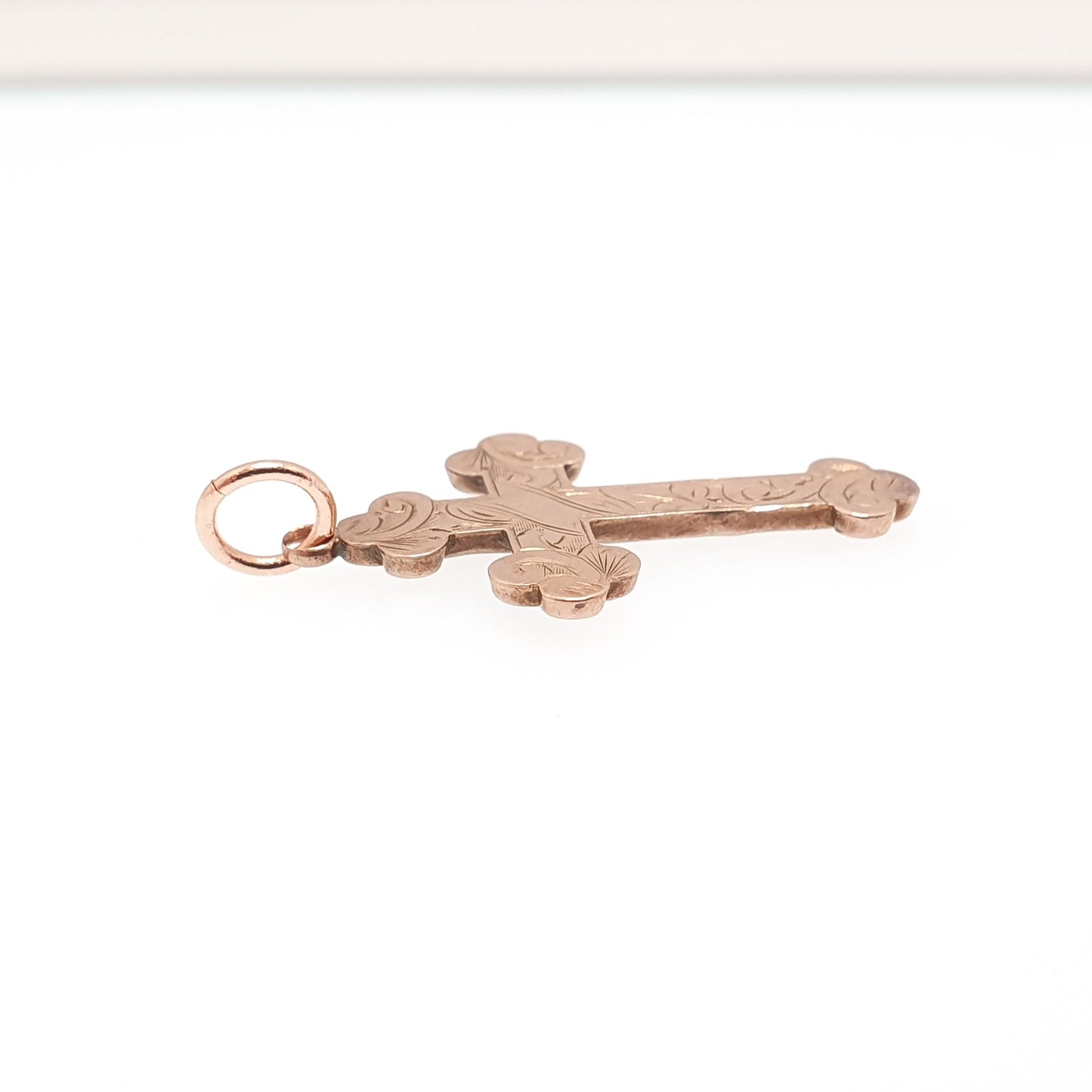 Antique 9ct 9k Rose Gold Crucifix Necklace Cross Pendant Hallmark Engraved Bulbed Victorian Solid 9kt Vintage Womens Mens Jewellery Jewelry