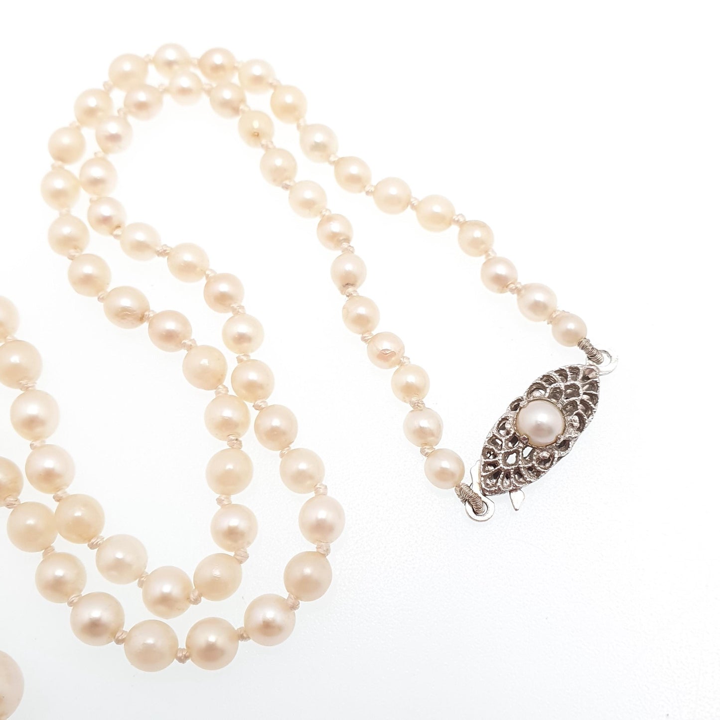Vintage Sterling Silver Cultured Pearl Necklace Very Long JKa 55cm 21.5" 14.35g Art Deco Style Ladies Womens Jewelry Jewellery Genuine