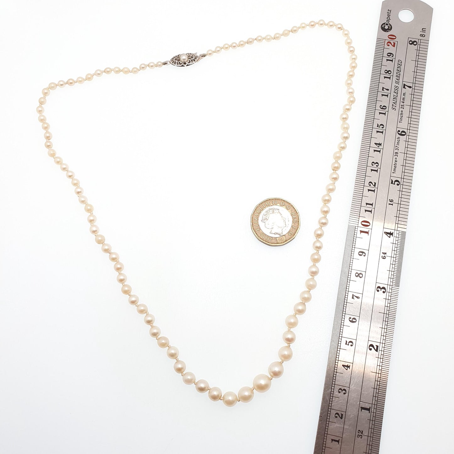 Vintage Sterling Silver Cultured Pearl Necklace Very Long JKa 55cm 21.5" 14.35g Art Deco Style Ladies Womens Jewelry Jewellery Genuine