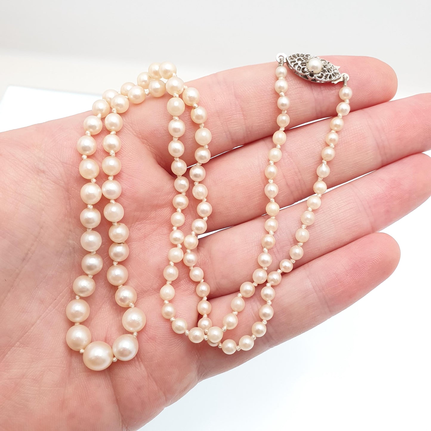 Vintage Sterling Silver Cultured Pearl Necklace Very Long JKa 55cm 21.5" 14.35g Art Deco Style Ladies Womens Jewelry Jewellery Genuine