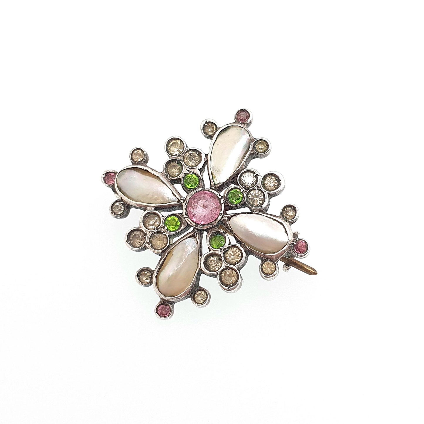 Antique Victorian Solid Silver Paste Brooch Pink Diamond Emerald Pastes Cruciform Mother of Pearl Cross Vintage Womens Jewelry Jewellery