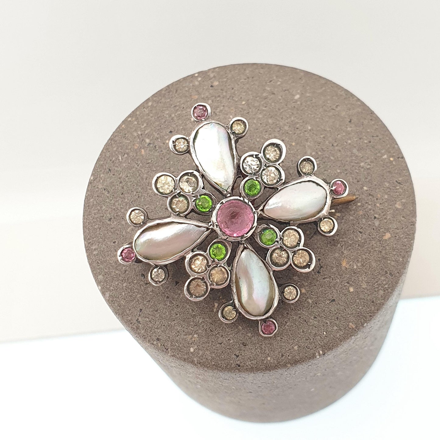 Antique Victorian Solid Silver Paste Brooch Pink Diamond Emerald Pastes Cruciform Mother of Pearl Cross Vintage Womens Jewelry Jewellery