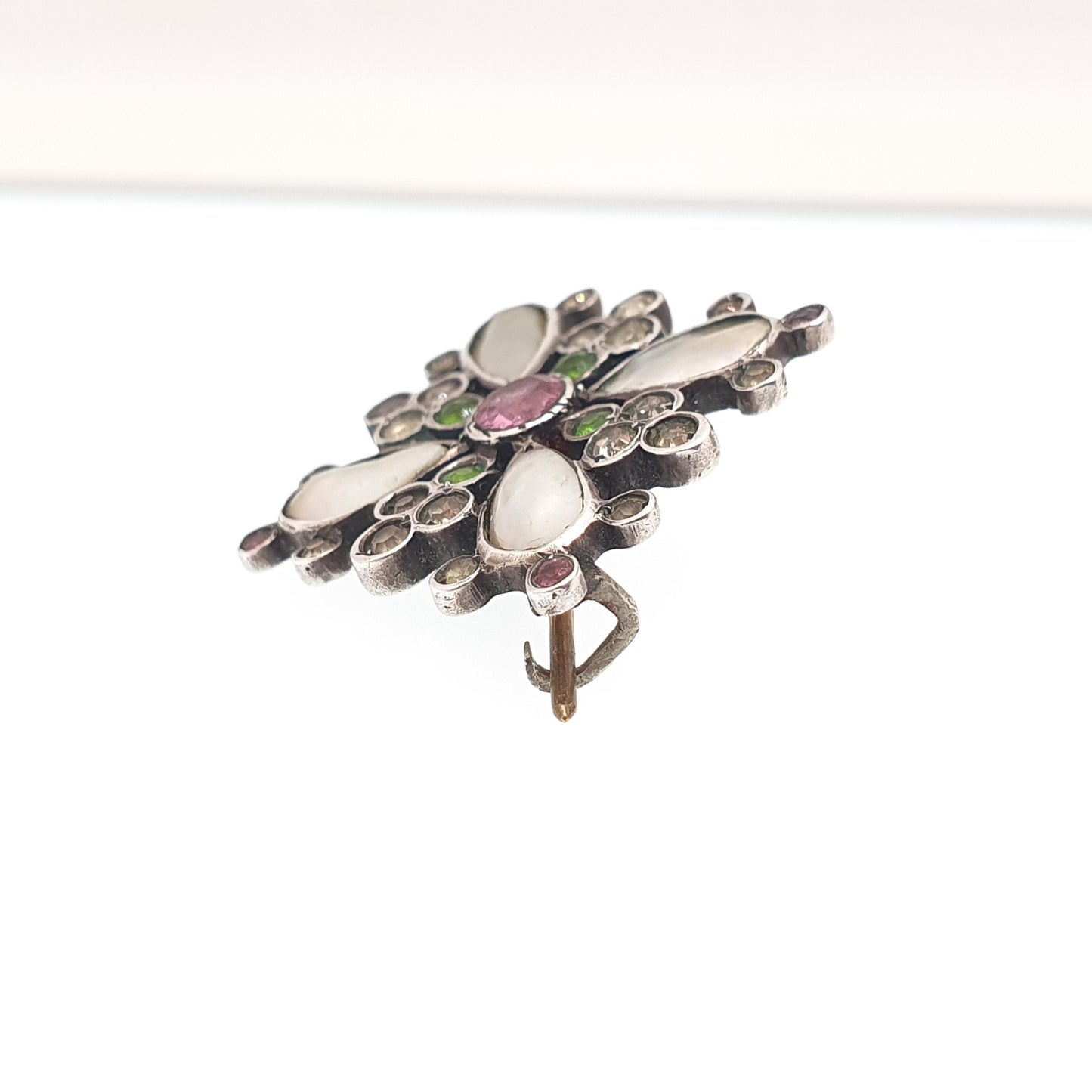 Antique Victorian Solid Silver Paste Brooch Pink Diamond Emerald Pastes Cruciform Mother of Pearl Cross Vintage Womens Jewelry Jewellery