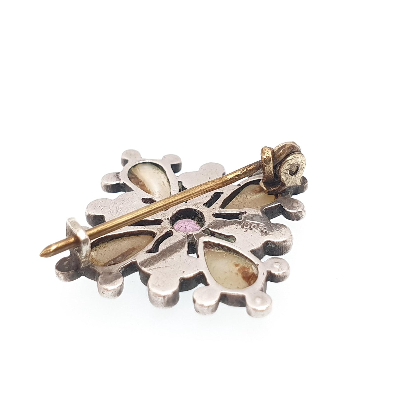Antique Victorian Solid Silver Paste Brooch Pink Diamond Emerald Pastes Cruciform Mother of Pearl Cross Vintage Womens Jewelry Jewellery