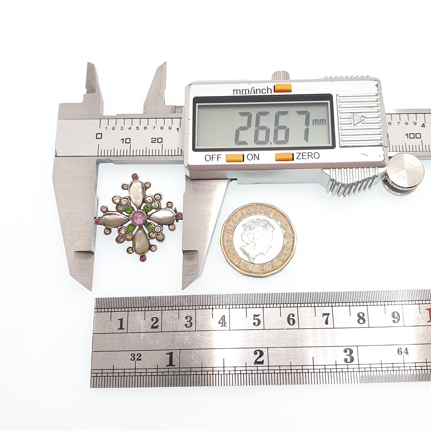 Antique Victorian Solid Silver Paste Brooch Pink Diamond Emerald Pastes Cruciform Mother of Pearl Cross Vintage Womens Jewelry Jewellery