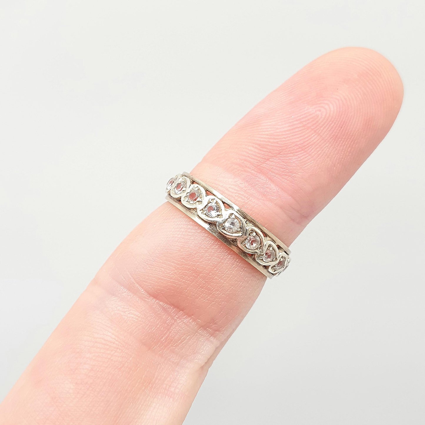 Antique Solid 9ct Gold Full Eternity Ring Heart Border White Spinel 9k 375 Band Sparkly Diamond Style Stacker Stacking Jewelry Jewellery
