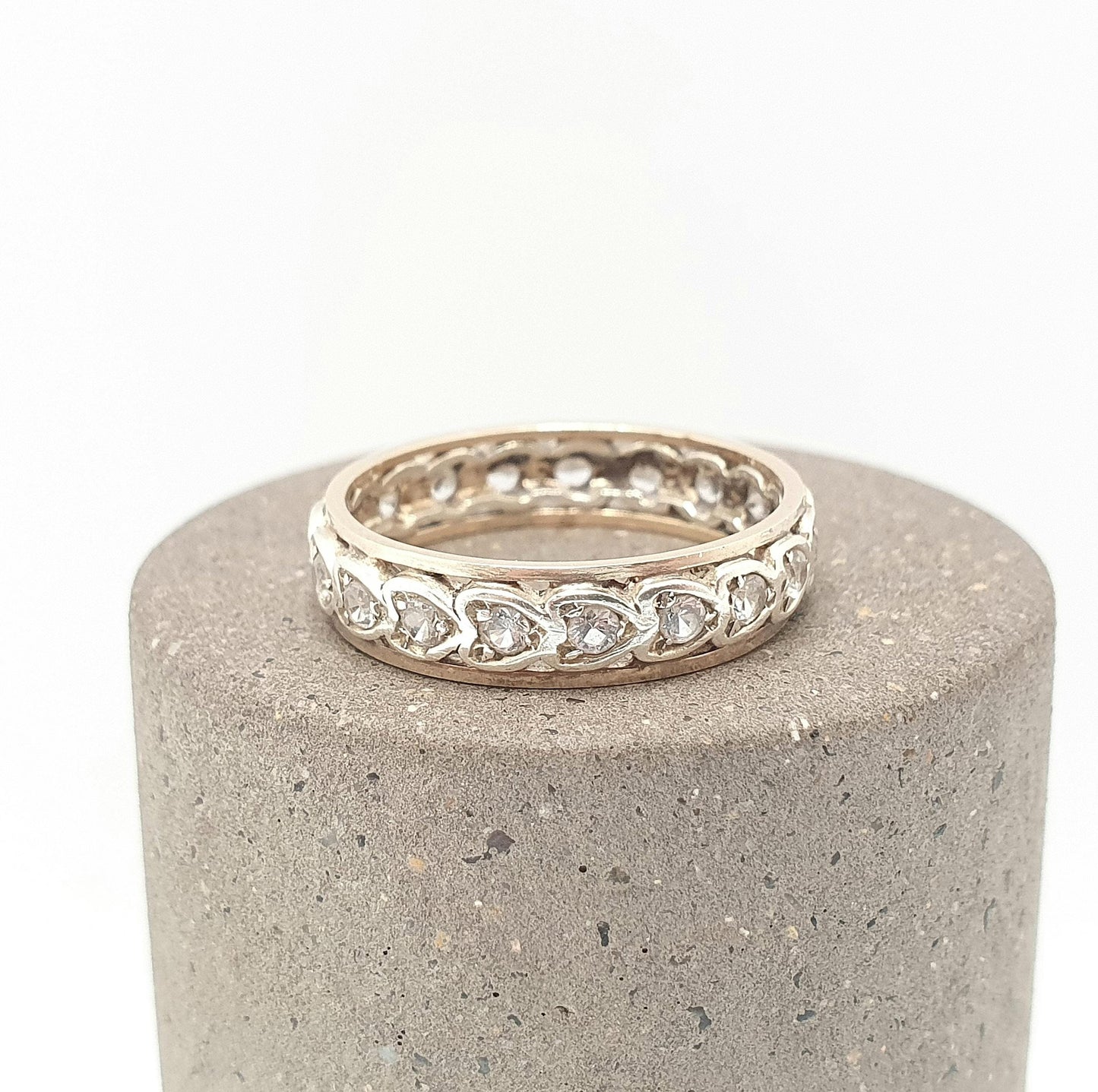 Antique Solid 9ct Gold Full Eternity Ring Heart Border White Spinel 9k 375 Band Sparkly Diamond Style Stacker Stacking Jewelry Jewellery