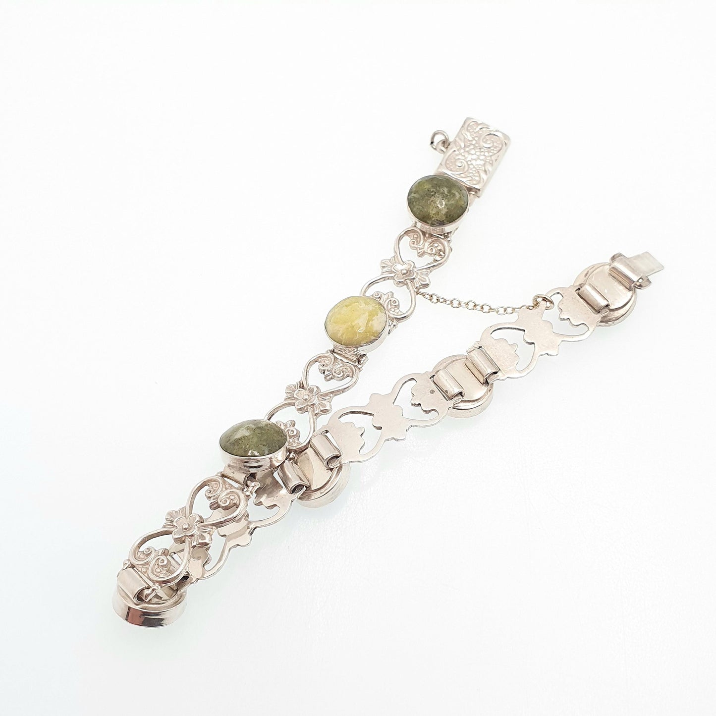 Antique Sterling Silver Connemara Marble Bracelet Celtic Irish Gaelic Flower Art Nouveau Style Solid 925 Womens Jewelry Jewellery