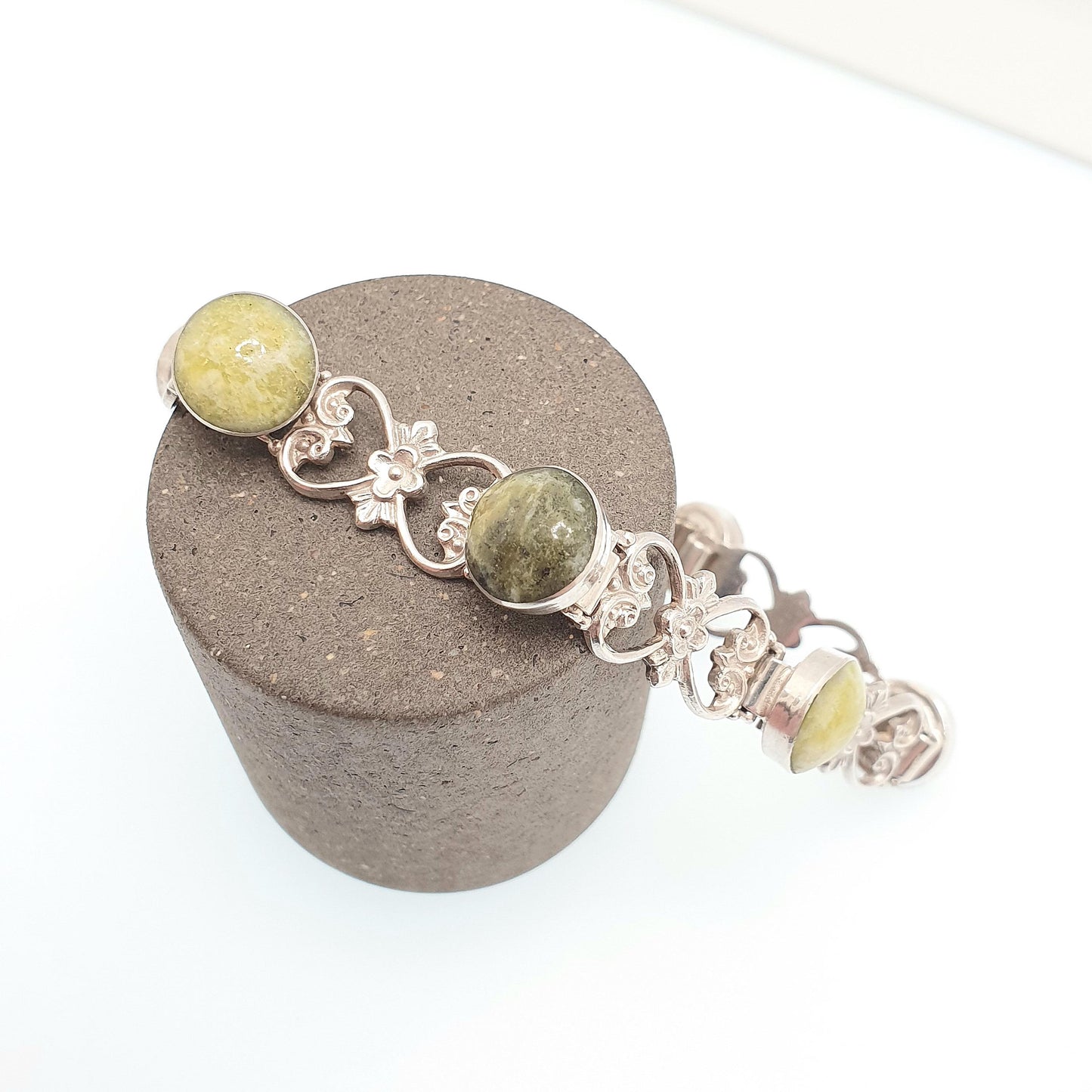 Antique Sterling Silver Connemara Marble Bracelet Celtic Irish Gaelic Flower Art Nouveau Style Solid 925 Womens Jewelry Jewellery