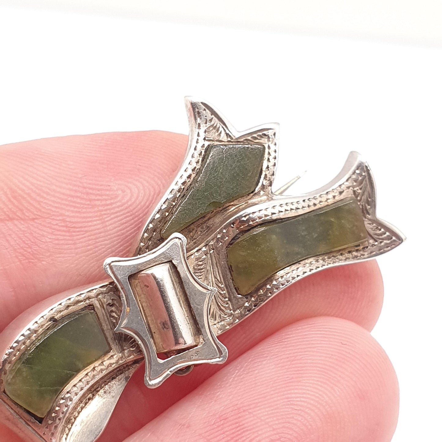 Antique Victorian Irish Connemara Marble Sterling Silver Buckle Brooch Pin Green Marble Ireland Celtic Gaelic Jewelry Jewellery Vintage