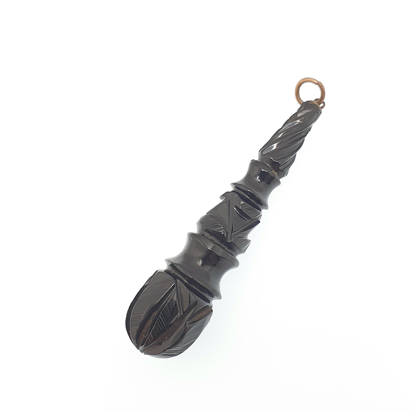 Antique Victorian Whitby Jet Pendant Necklace Hand Carved Teardrop Drop Dangle Genuine Long Big Mourning 1800s Vintage Jewelry Jewellery