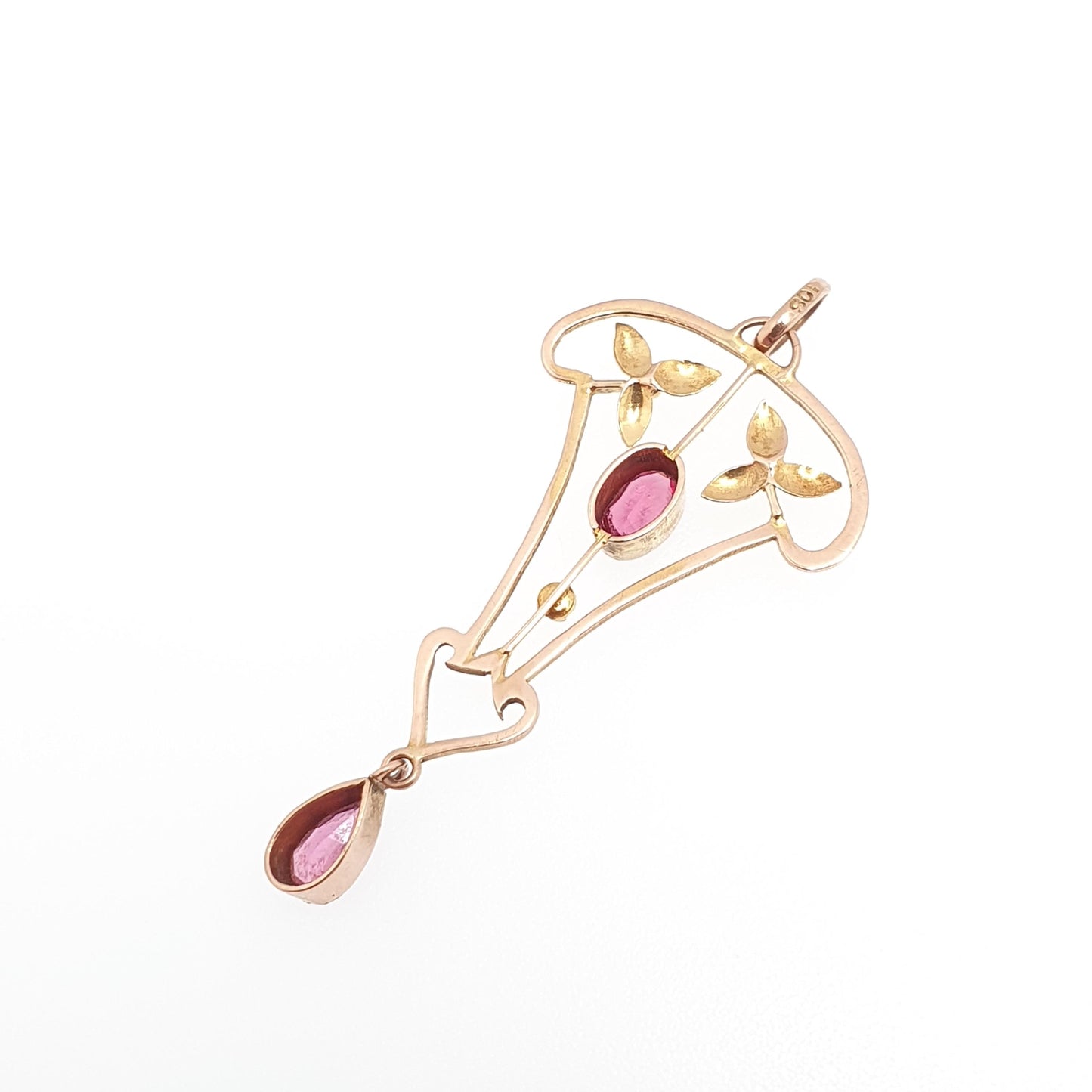 Antique 9ct Gold Pink Tourmaline Necklace Pendant Solid 9kt 9k Openwork Art Nouveau Edwardian Lavaliere Vintage Womens Jewelry Jewellery