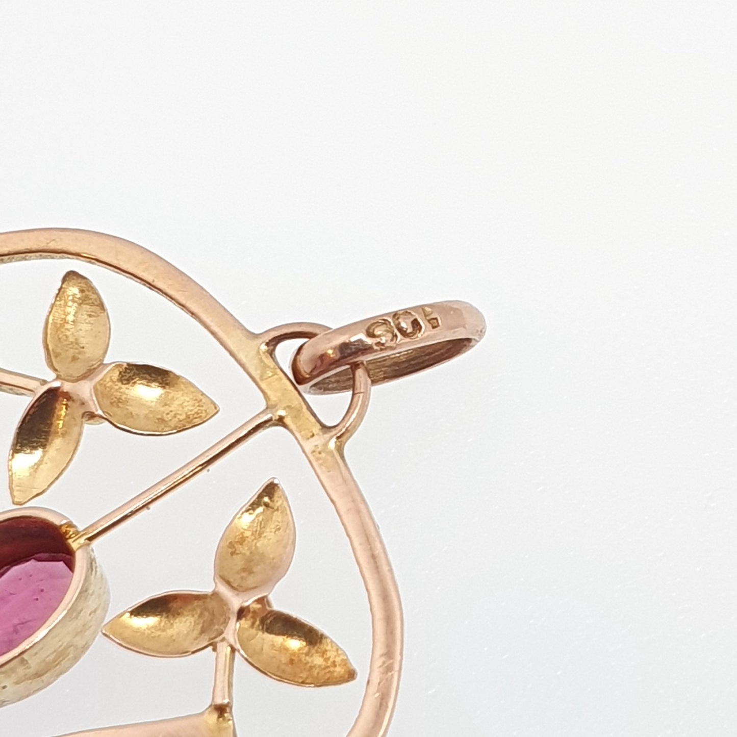 Antique 9ct Gold Pink Tourmaline Necklace Pendant Solid 9kt 9k Openwork Art Nouveau Edwardian Lavaliere Vintage Womens Jewelry Jewellery