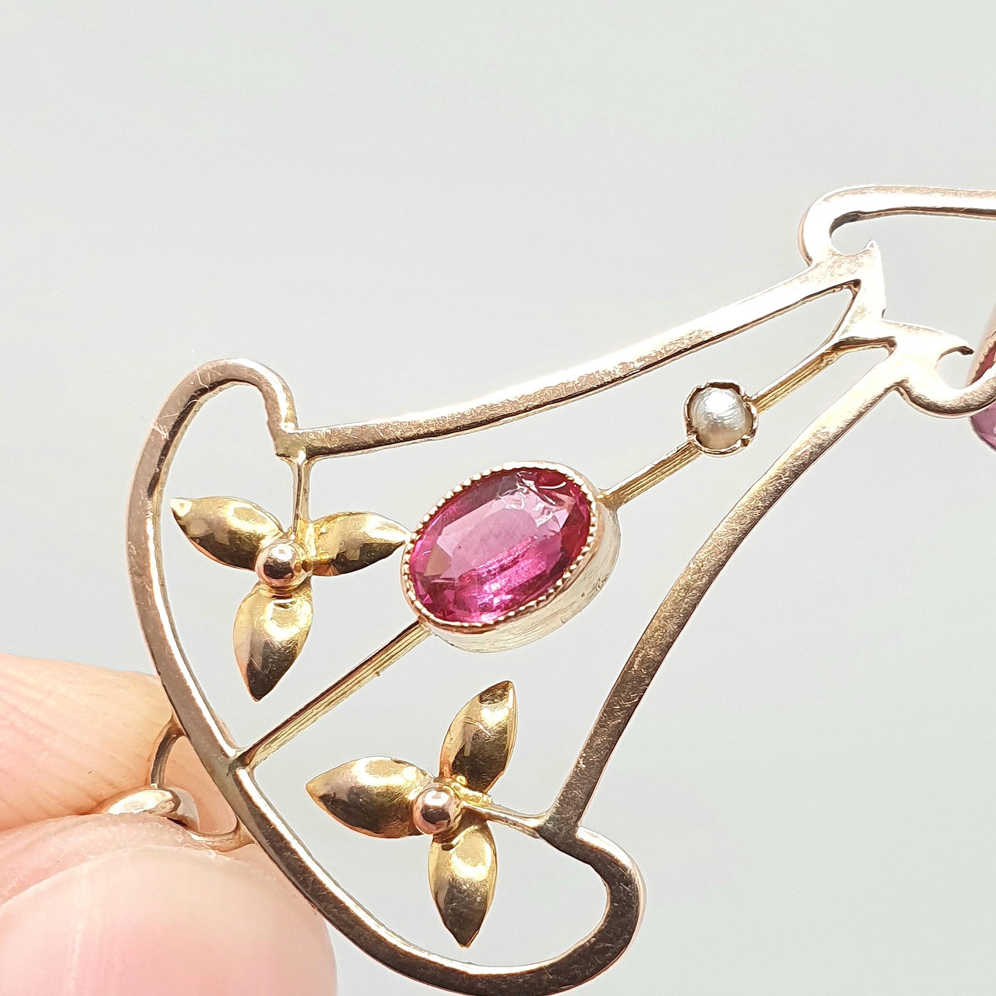 Antique 9ct Gold Pink Tourmaline Necklace Pendant Solid 9kt 9k Openwork Art Nouveau Edwardian Lavaliere Vintage Womens Jewelry Jewellery