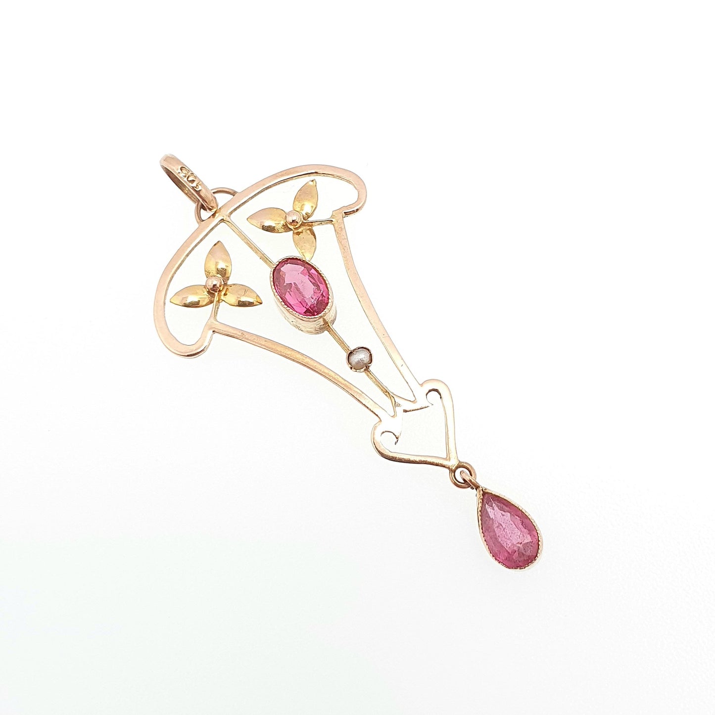 Antique 9ct Gold Pink Tourmaline Necklace Pendant Solid 9kt 9k Openwork Art Nouveau Edwardian Lavaliere Vintage Womens Jewelry Jewellery
