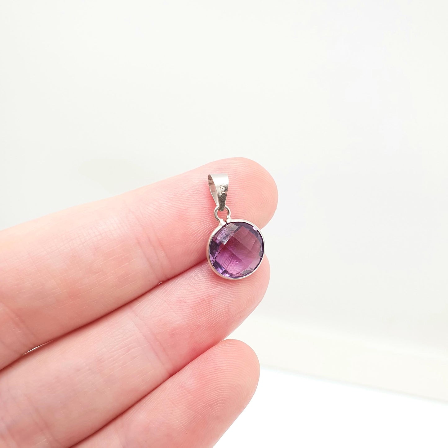 Vintage 18ct 18k White Gold Amethyst Necklace Pendant Round Rose Cut Solid 750 18kt Small Cute Genuine Womens Ladies Jewelry Jewellery